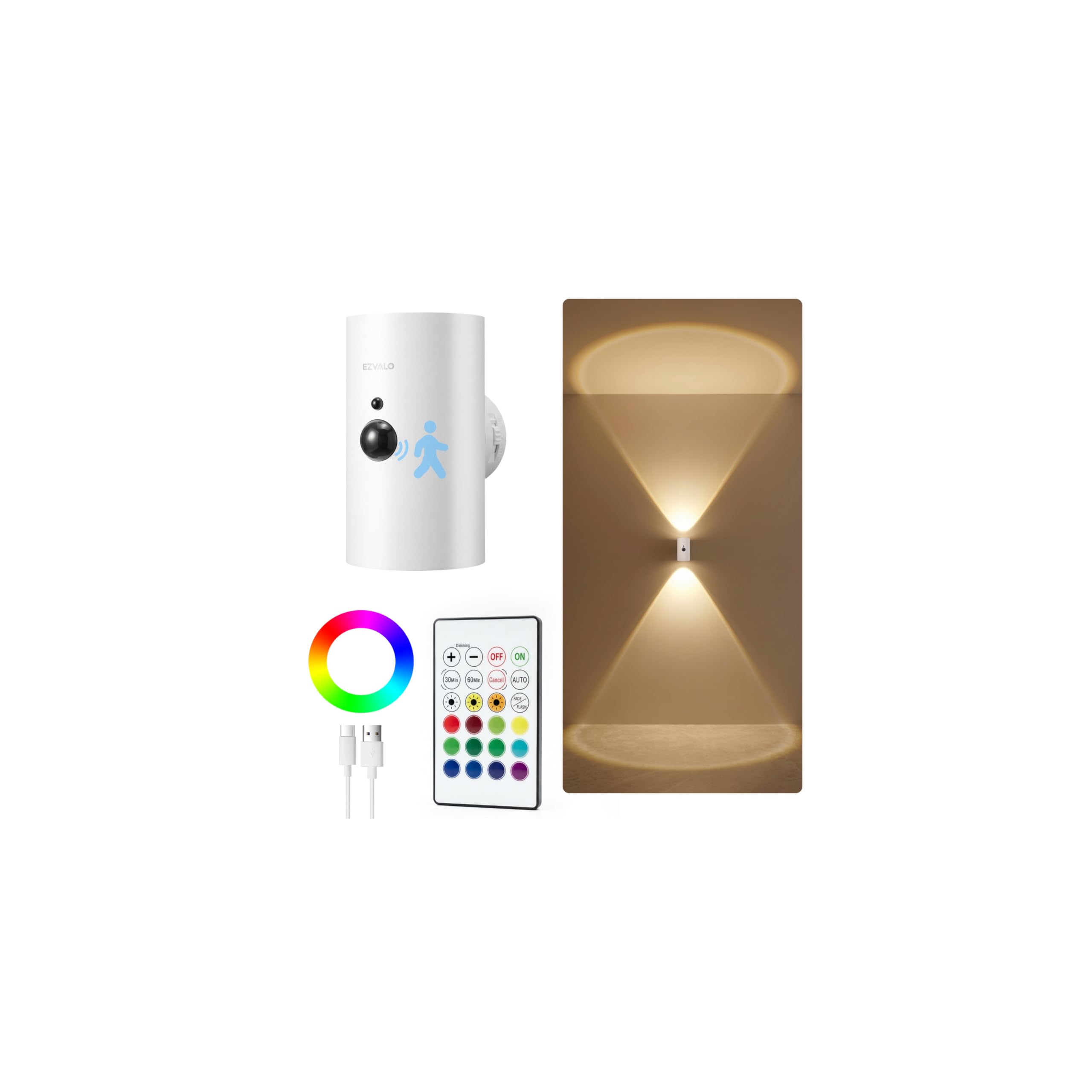 EZVALO Battery Operated Wall Sconce with Motion Sensor, 4000mAh Rechargeable Wall Light, 3 Color Temperatures & 12 RGB, Up & Dow