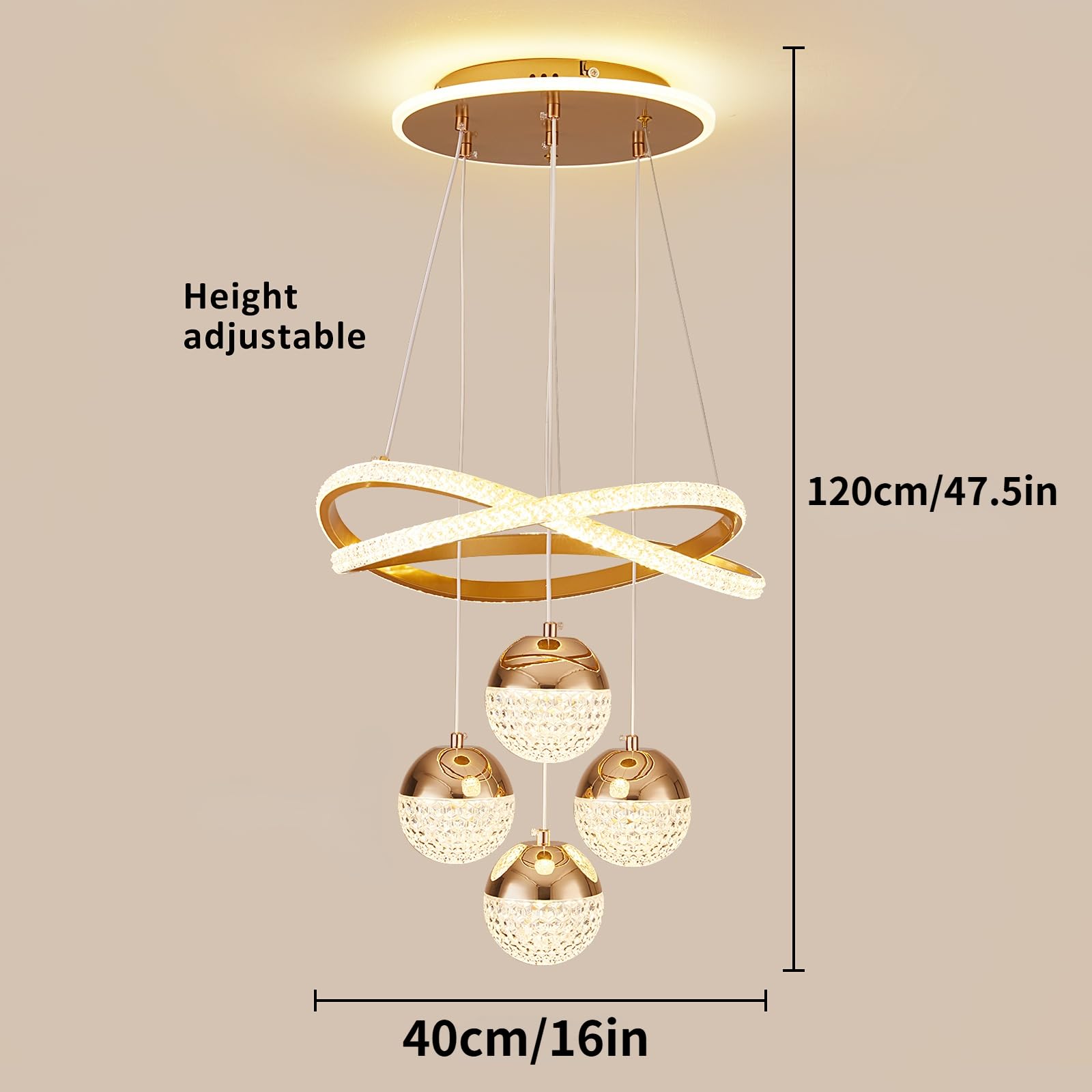 SpavzeMe Modern Gold LED Chandelier - 3-Color Dimmable Pendant Light, Adjustable Height for Kitchen, Dining, Living Room, Model CT-1