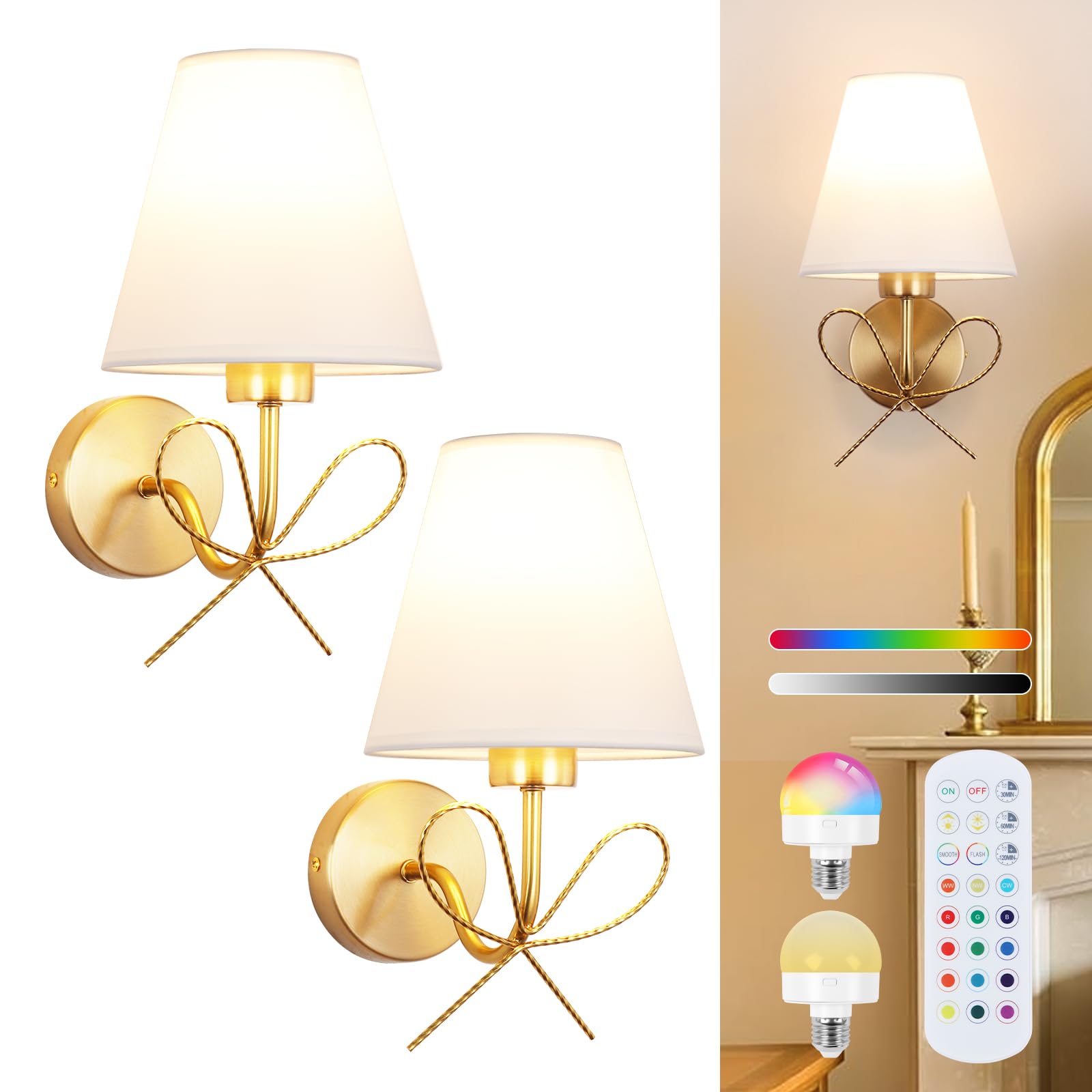 ADISUN Modern Wall Sconce Set of Two, Battery Operated, Dimmable, Copper, Model: ab4a4982, Wireless Lamp for Living Room, Bathroom