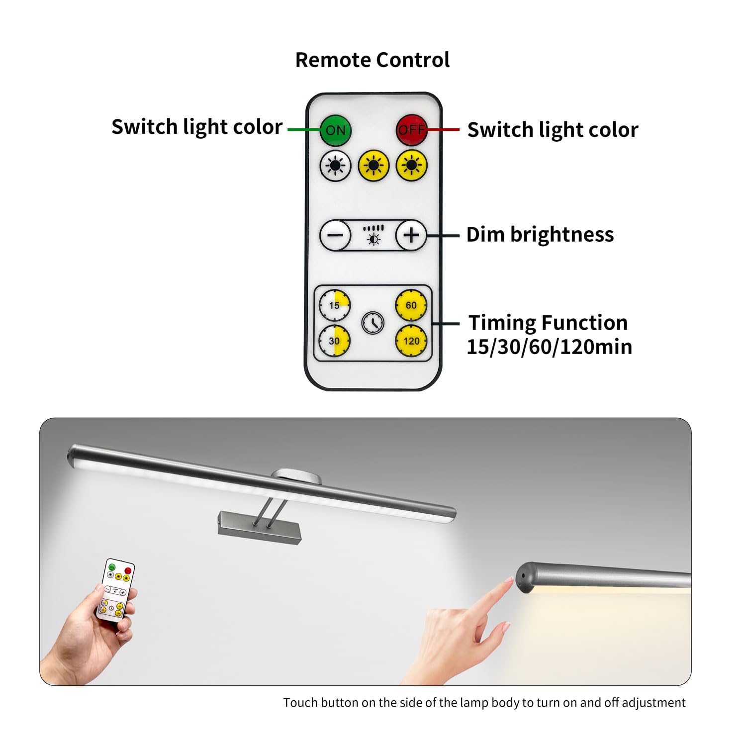 MQOUO Wireless Picture Lights, 24.4in, Rechargeable Battery, Dimmable with Remote, Nickel, 2-Pack, Model CDTY620-YK-5V
