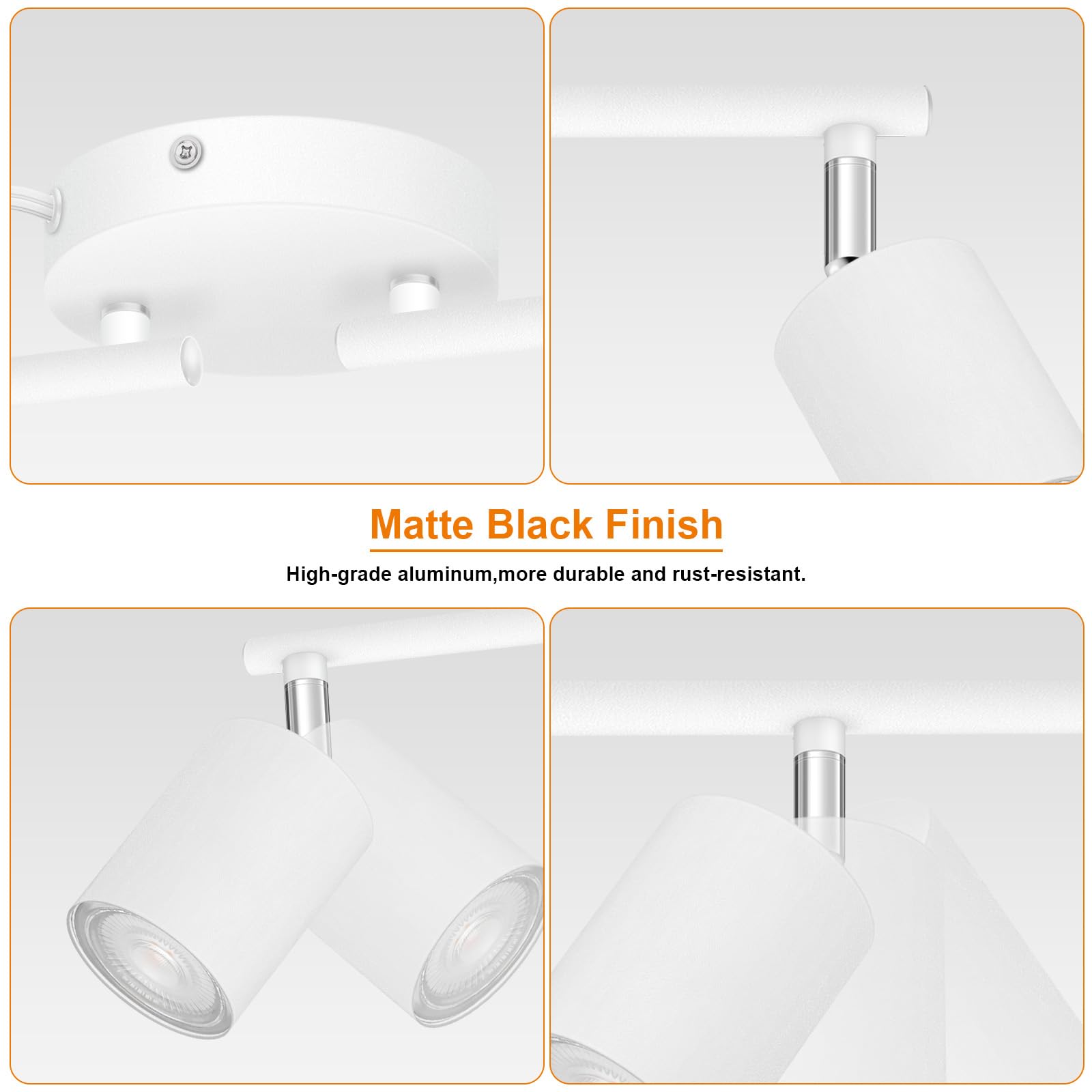 Bricosmocon Plug in Track Lighting - 6-Light Ceiling Fixture, White, Metal, GU10 Socket, 14.8ft Cord, Rotatable Spotlight