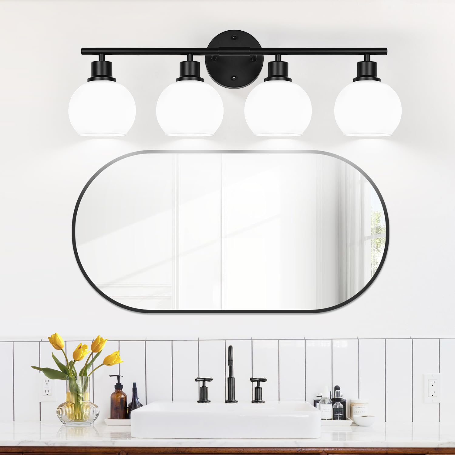 Indoi 4-Light Bathroom Light Fixtures, Black Bathroom Lights Over Mirror With Milky White Frosted Glass Globe Shade, Vanity Ligh