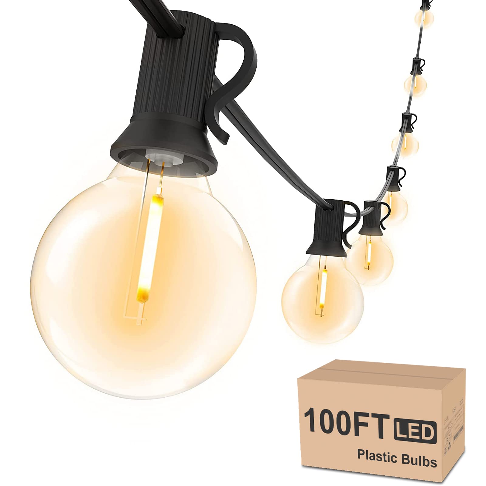 Svater Outdoor String Lights, Waterproof LED Patio Lights, 100 FT with 52 Shatterproof G40 Bulbs, Dimmable, Warm White 2700K, Black