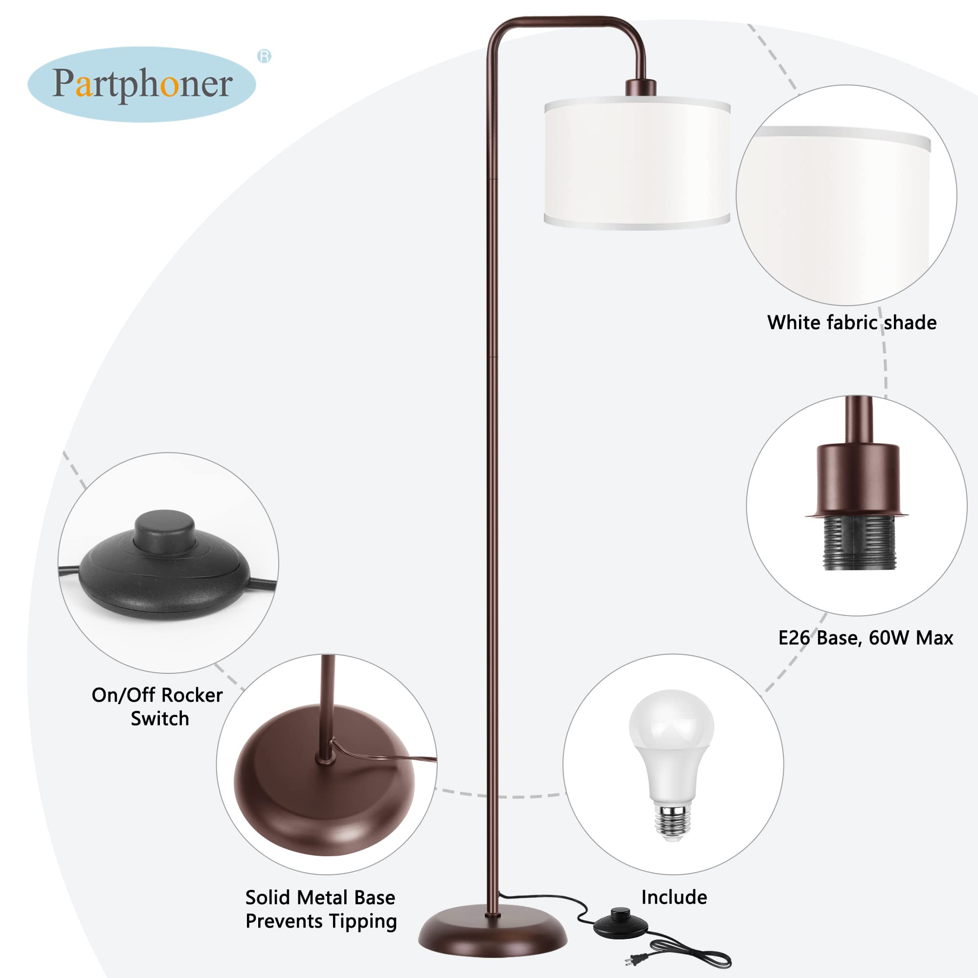 Partphoner Led Floor Lamp - 3 Color Temperatures, Foot Switch, 9W Bulb, Oil Rubbed Bronze