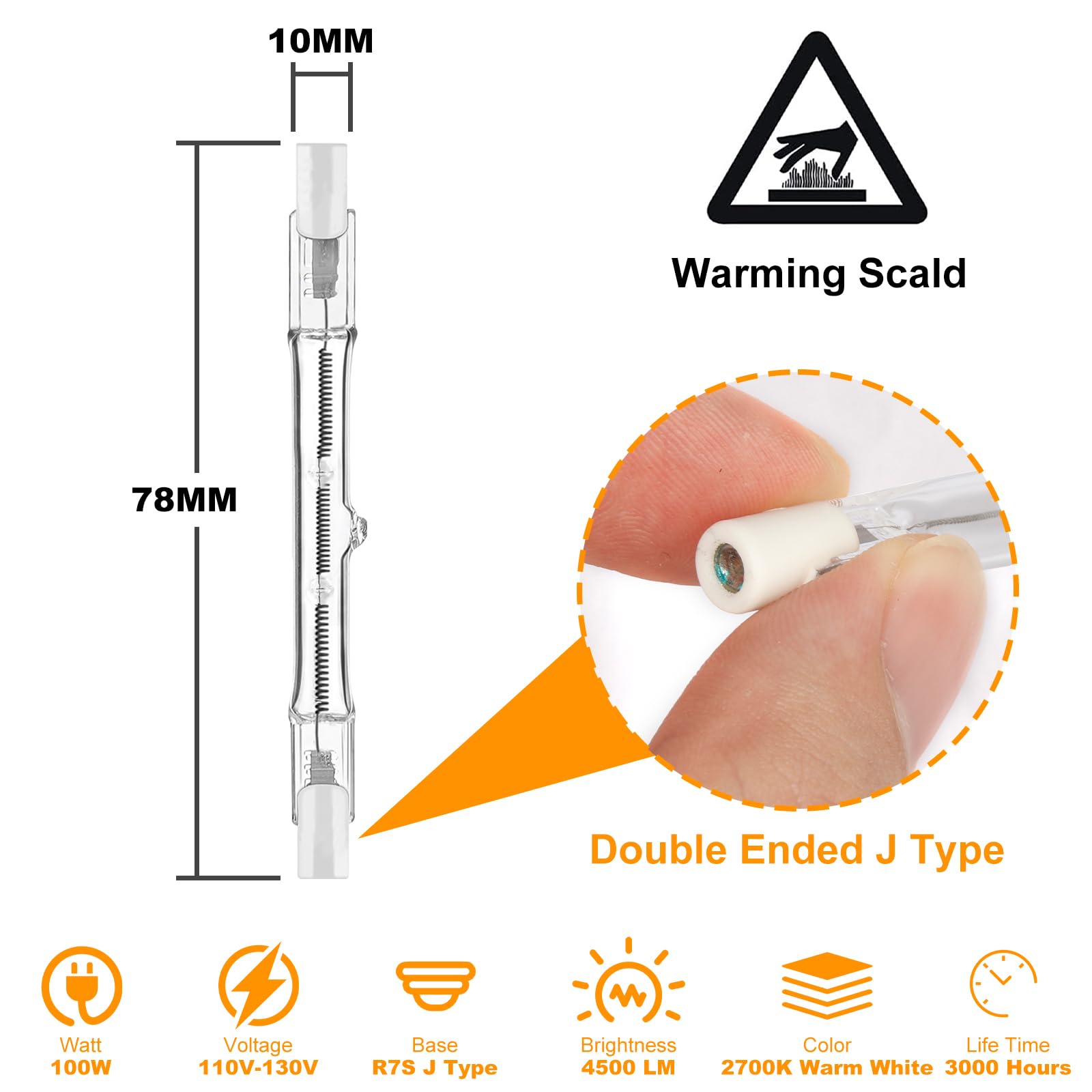 Jaenmsa R7S Halogen Light Bulbs 100W 120V, J78Mm Type T3 Bulbs 100 Watt, 3 Inch Halogen Double End Bulbs For Work/Security/Lands