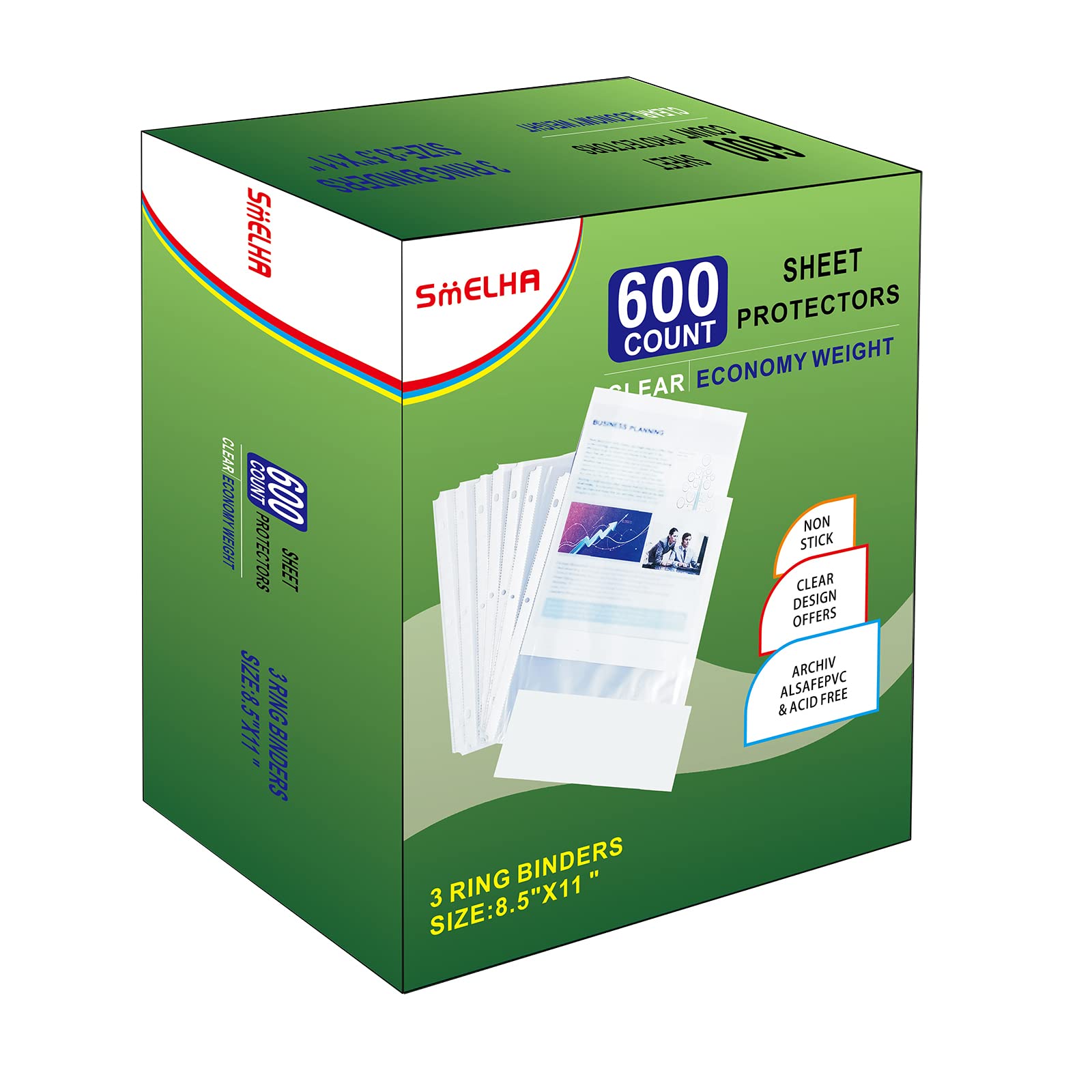 SMELHA 600 Pack Sheet Protectors, Clear Plastic, 8.5" x 11", Top Loading, Reinforced Holes for 3 Ring Binder