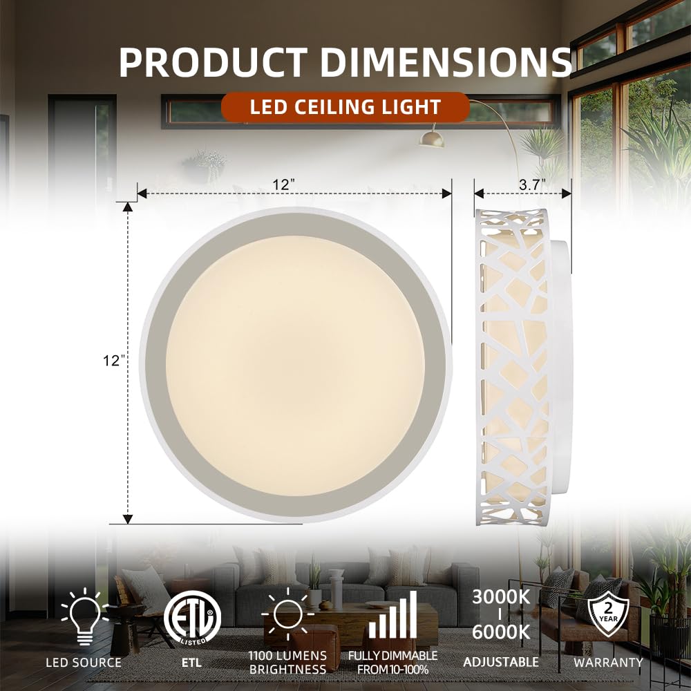 Vicnie 12&quot; Dimmable Led Flush Mount Light, 15W 1100 Lumens, Warm White For Kitchen