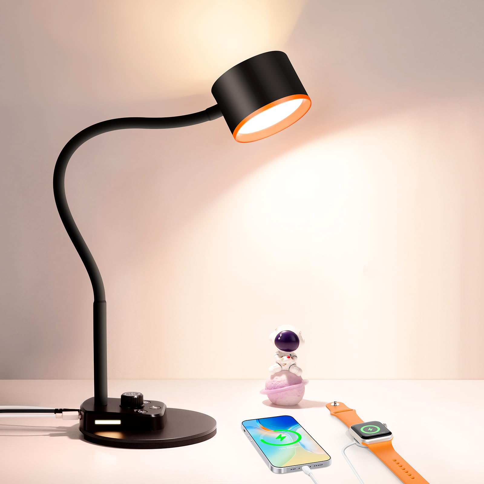 LiFMIRA LED Desk Lamp with USB C & A Ports, Fully Dimmable, Gooseneck, Black, Model LA-2USB01