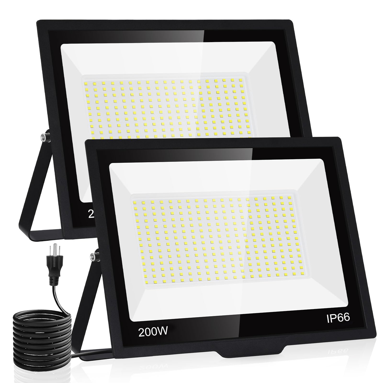 ISUERFY 200W LED Flood Light Outdoor IP66 Waterproof, 24000Lm, 5000K Daylight, Aluminum, 2 Pack, Black/Clear