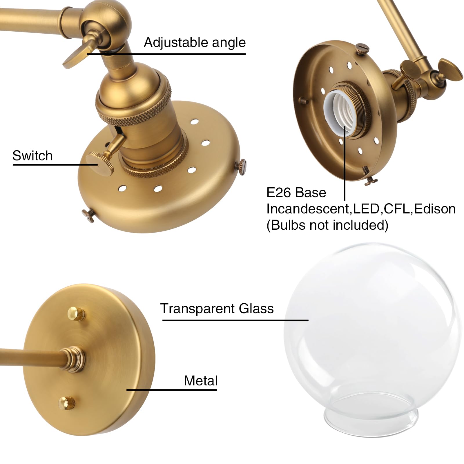 Permo Vintage Wall Sconce Industrial Lighting Fixture With 5.9 Round Clear Glass Globe Hand Blown Shade (Antique)