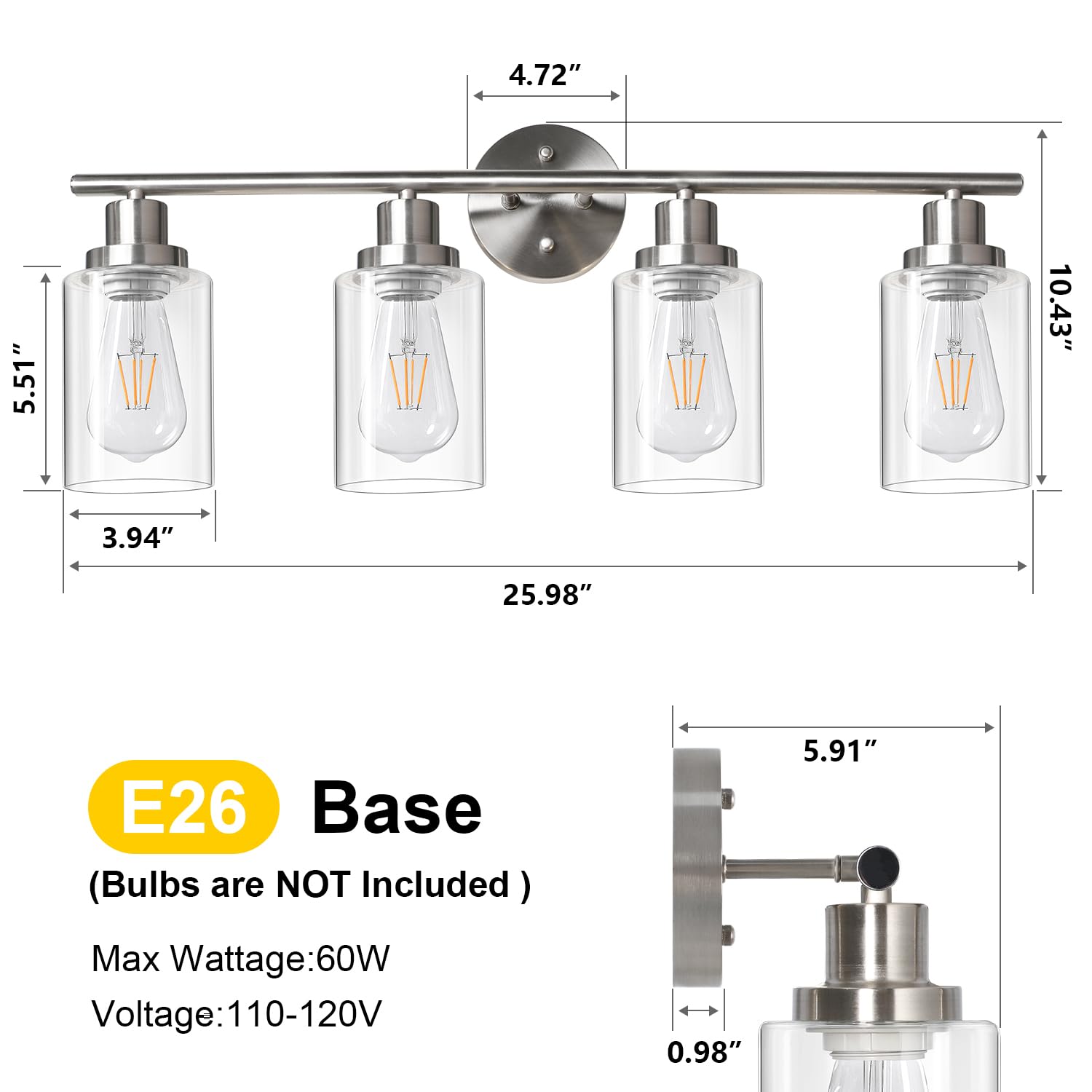 Unicozin 4 Light Vanity Lights, Bathroom Light Fixtures Over Mirror, Brushed Nickel Wall Sconce Light With Clear Glass, Wall Lig