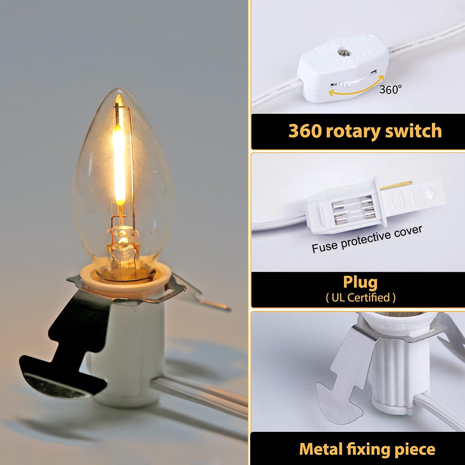 MX232 Set of 2 E12 Candelabra LED Light Bulbs with 6 Ft White Cord and On/Off Switch for Halloween Christmas Decorations