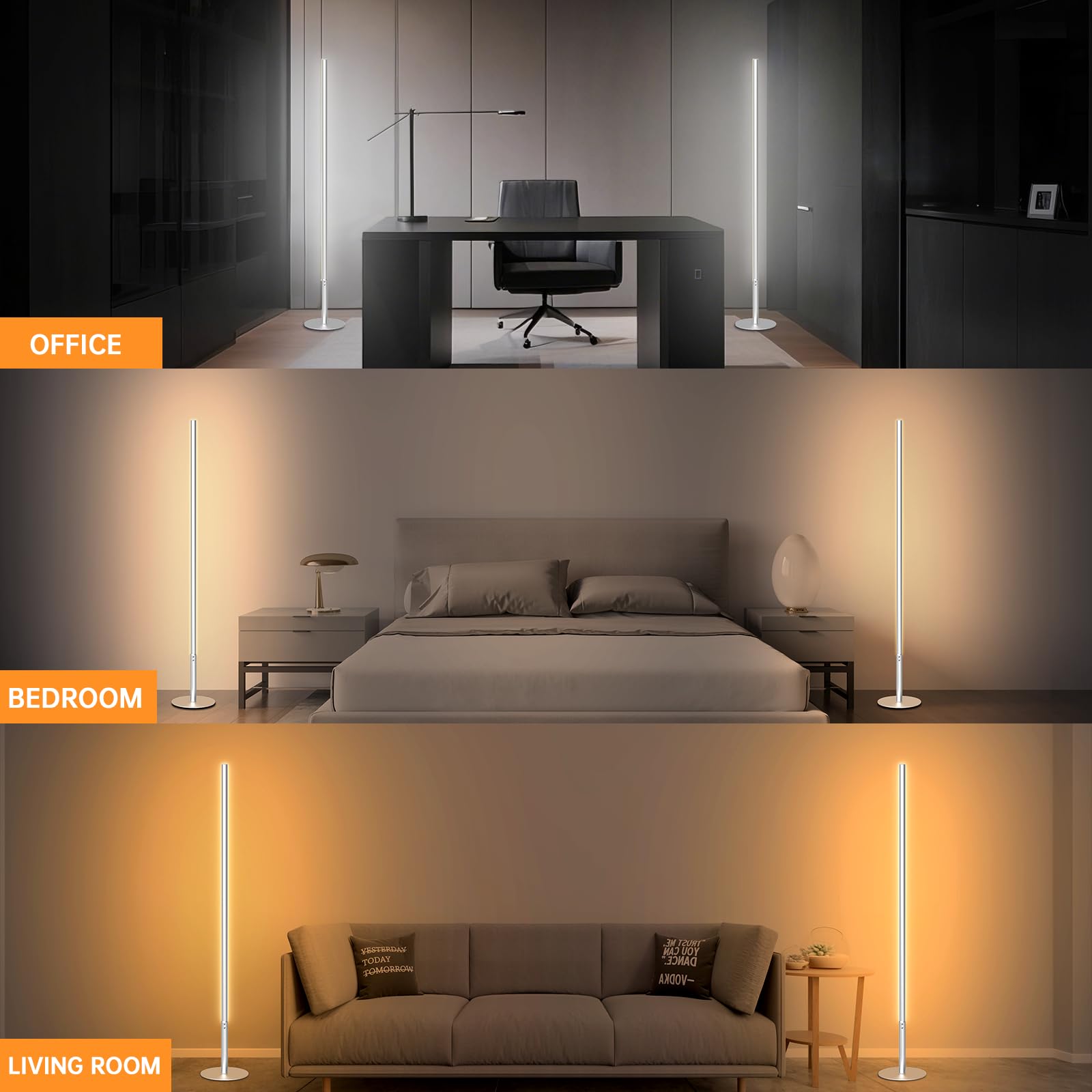 Marlrin Minimalist Corner Floor Lamp 2-Pack, 57" Dimmable LED Light, Remote Control, Silver, Model RTL113