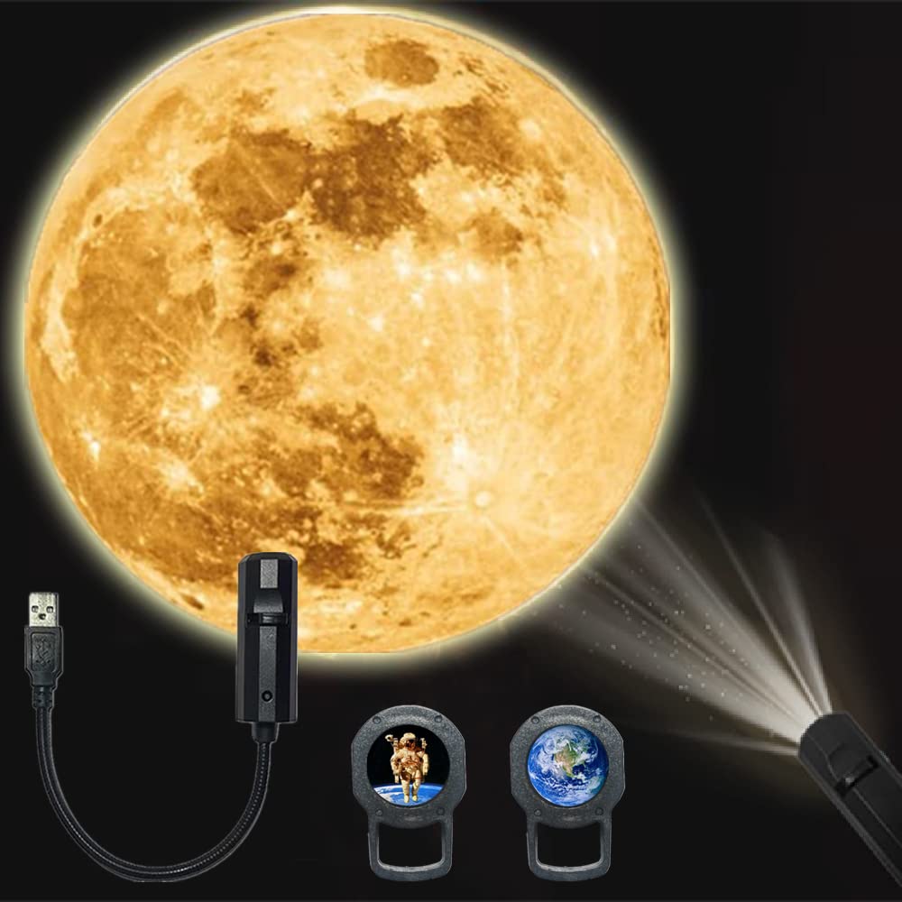 Moon Earth Astronaut Lamp Projector Night Light, 360 Moon Projection Light USB Star Night Light Charging Lighting with 3 Modes,R