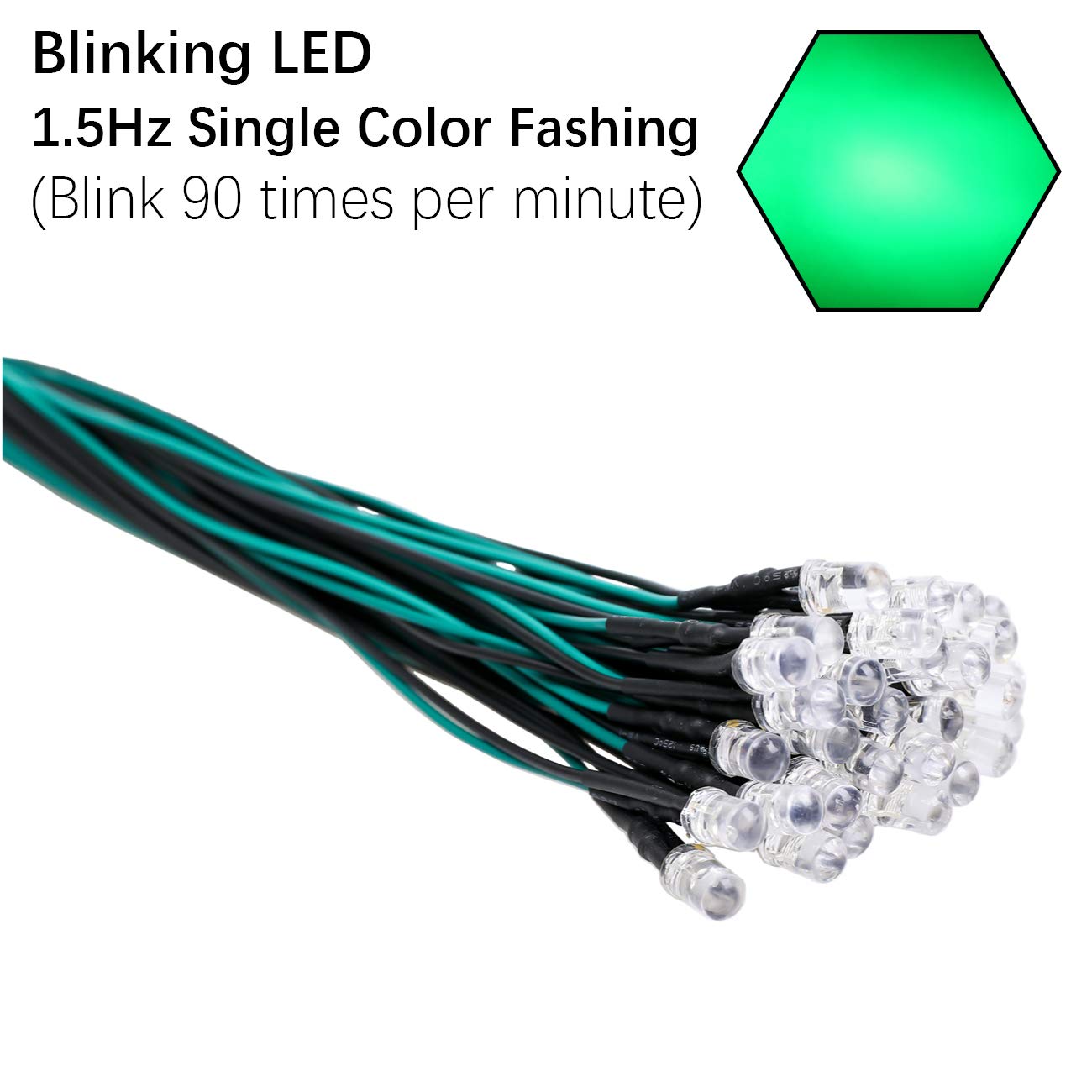 Edgelec 30Pcs 12 Volt 5Mm Green Blinking Led Lights Emitting Diodes (1.5Hz Single Color Flashing) Pre Wired 7.9 Inch Dc 12V Led Light Clear Lens Small Led Lamps