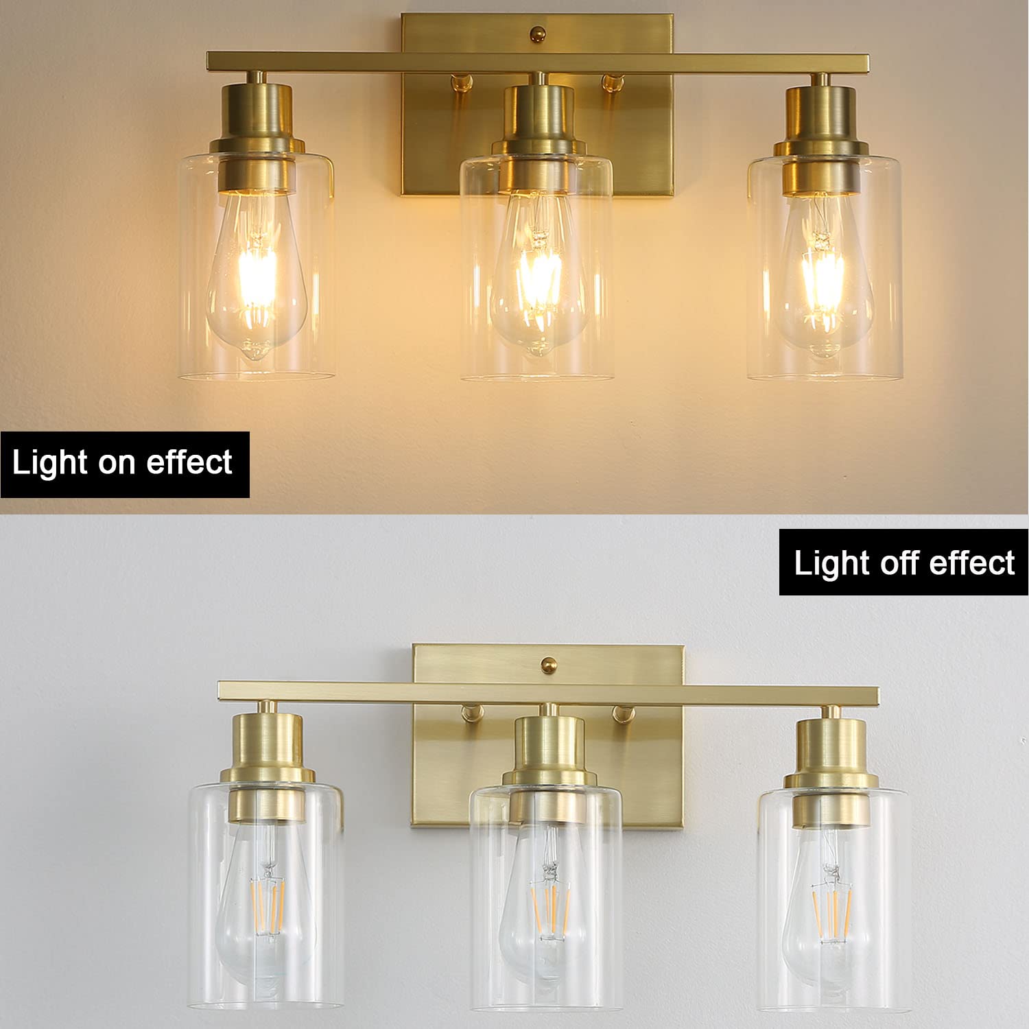Filimitiy 3-Lights Gold Bathroom Light Fixture, Brushed Brass Vanity Light With Clear Glass Shade, Modern Bath Wall Lights For L
