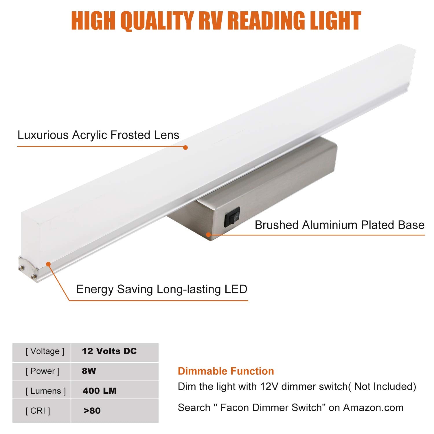Facon LED RV Wall Sconce Light Fixture, 16.5 Inch, Brushed Nickel, Model RVLF0417-005, Aluminum, with Switch for RV, Camper, Motorhome, Boat