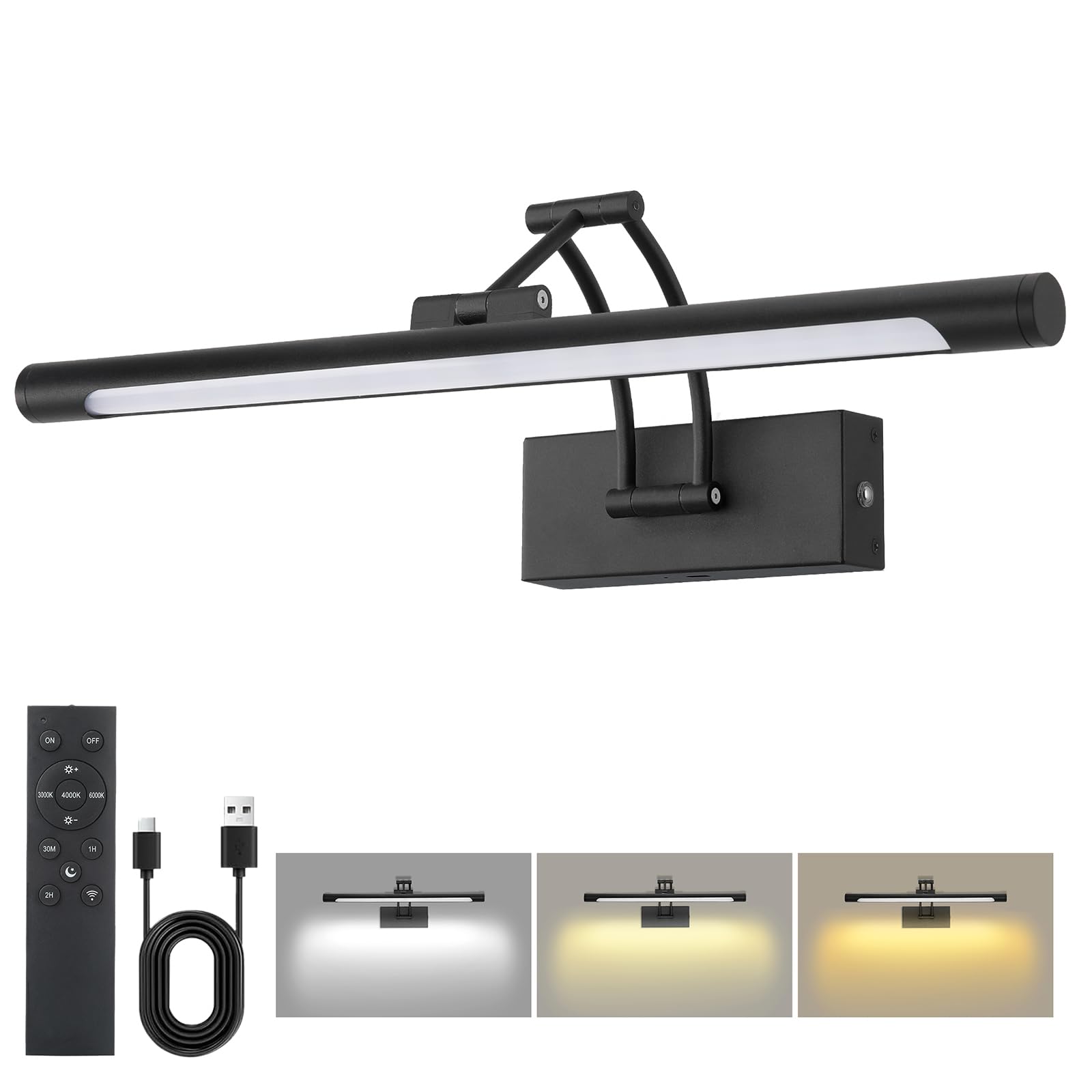 16 Picture Lights For Wall Battery Operated  Wireless Picture Light With Remote  Rechargeable Wall Light 3000K/4000K/6000K Dimmable  Art Lighting For discomfort-reducingtings Frame Gallery Dartboard Light  Black