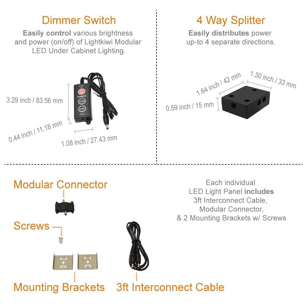 Lightkiwi Dimmable LED Under Cabinet Lighting Kit, 4 Panels, 12 Inches, Warm White 3000K, Aluminum, Model E7574