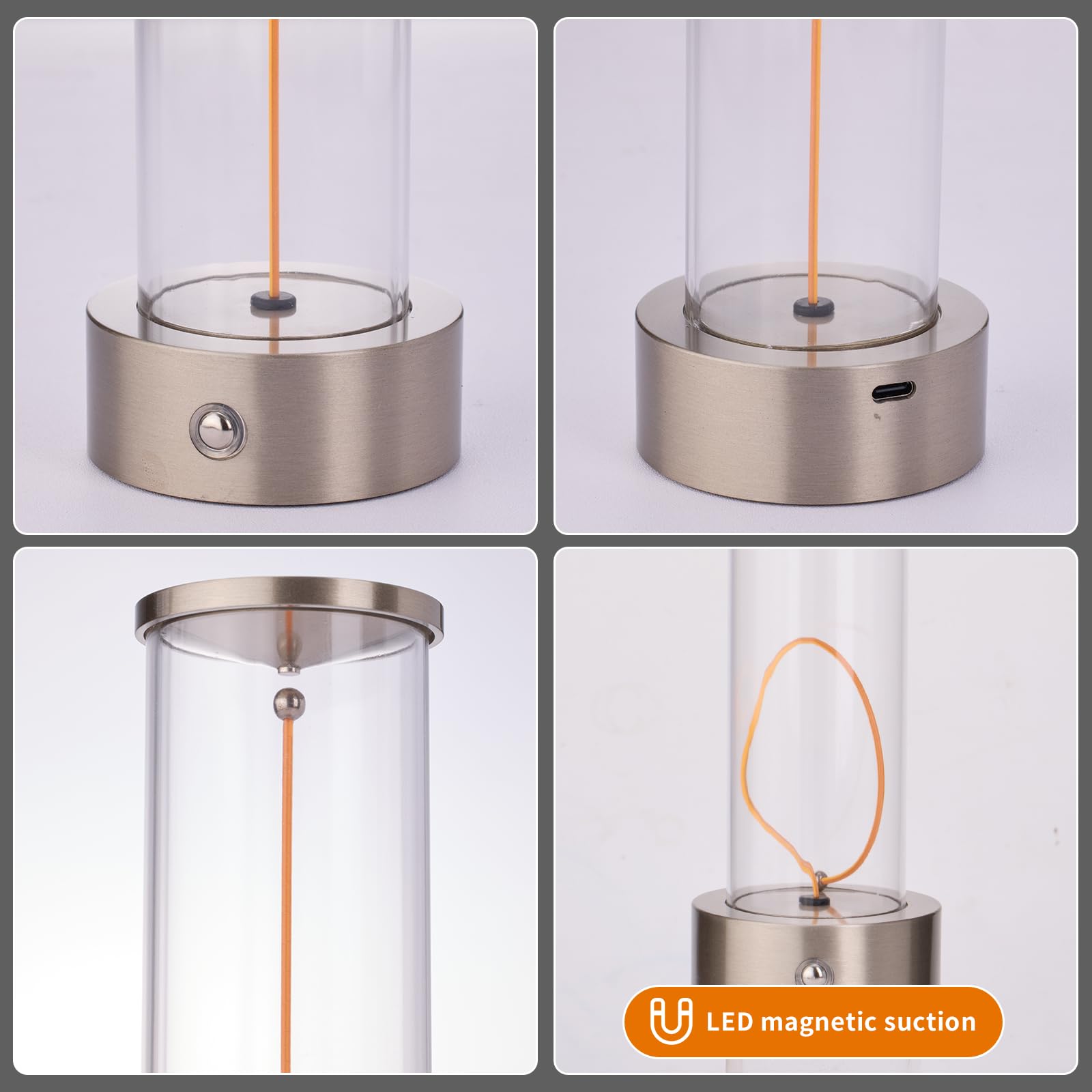 baishezhuan Cordless LED Table Lamp, Rechargeable, Touch Sensor, Dimmable, Silver, Model C-002