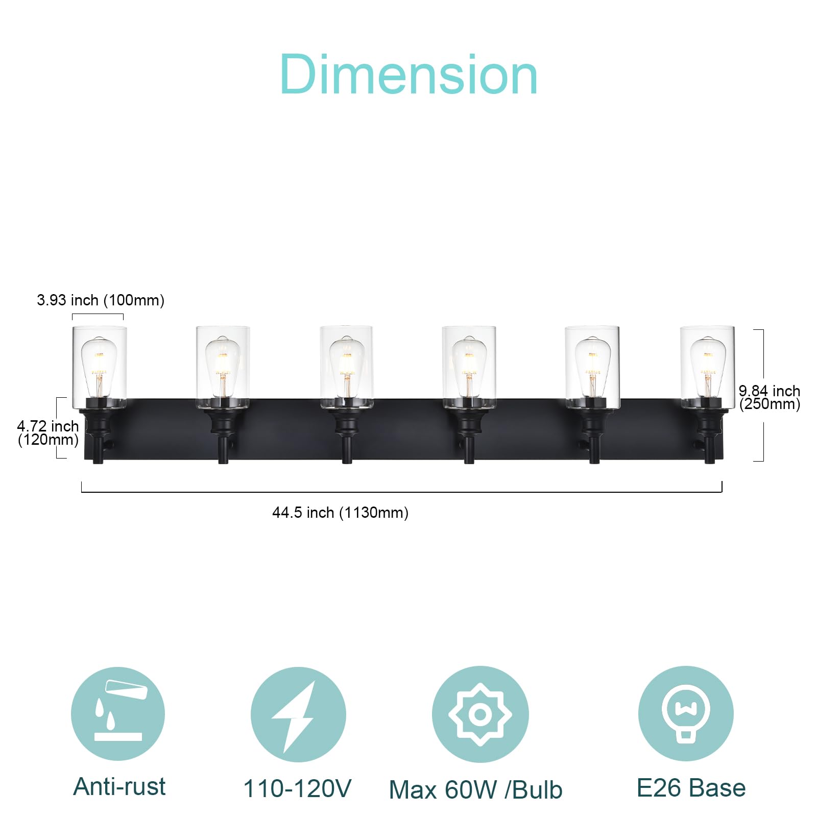 Wanluce 6-Light Black Iron Bathroom Vanity Lights with Clear Glass Shades, Farmhouse Wall Sconces for Bedroom and Living Room, Model 16111-6W-BL