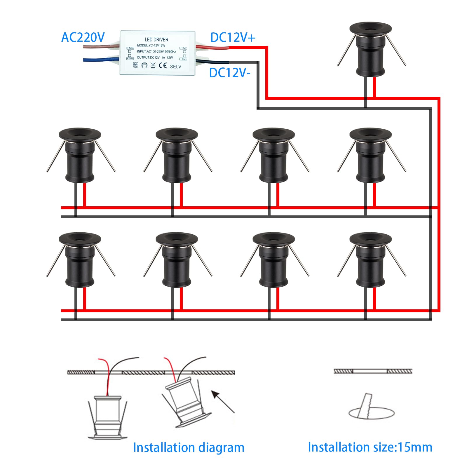 HHTUN 902 LED Mini Spotlight, 1W, 75lm, 3000K Black, Embedded Installation for Cabinets, 9-Pack