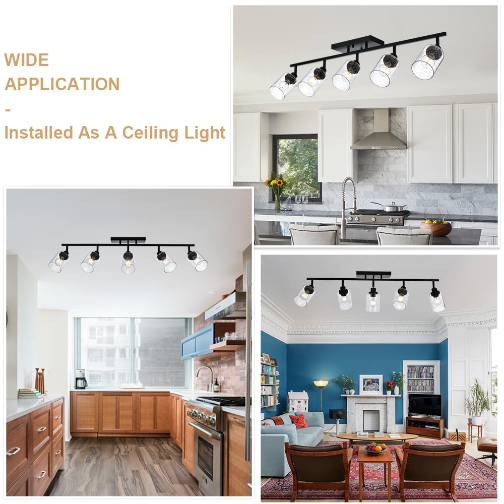 Winshen 5-Light Track Lighting Fixtures, Black Flush Mount Ceiling Light Bathroom Wall Sconce Spotlight, Seeded Glass Shade