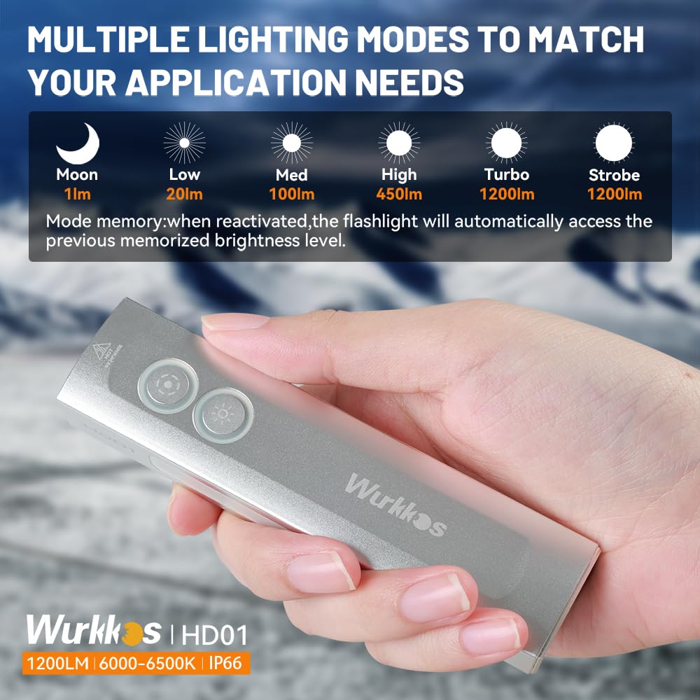 Wurkkos HD01 Flashlight, 1200 Lumens, RGB & Green Light, Rechargeable, Silver AL6061-T6 Aluminum, Pocket & Magnetic Design