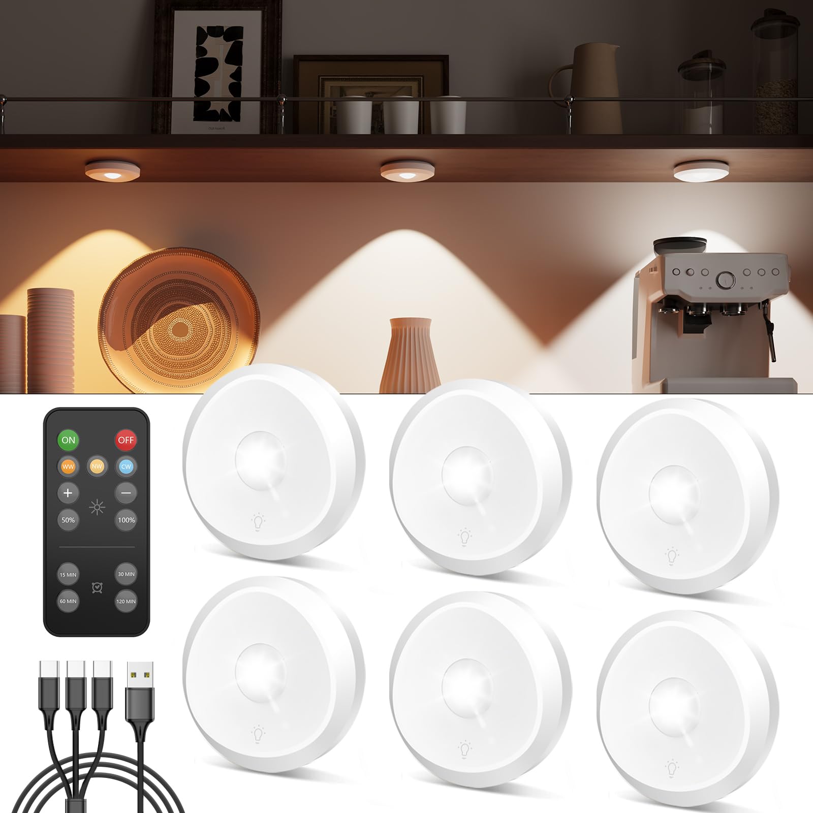 Rechargeable Puck Lights With Remote  2400Mah Battery Touch Light Magnetic Push Tap Light Wireless Led Under Cabinet Lighting Mini Press Button Lamp Sitck On Lights For Kitchen  Closet  Pantry  Shelf