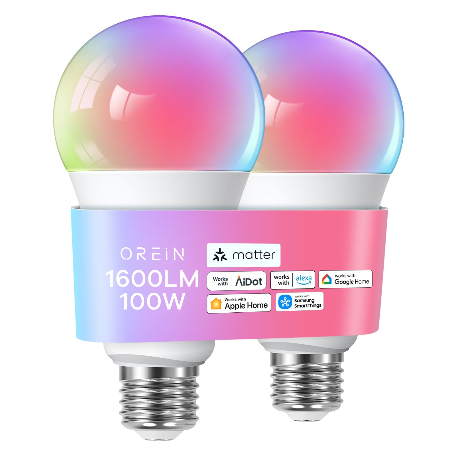 Orein Matter Smart Light Bulb, 1600 Lumens 100W Equivalent Smart Light Bulbs, Color Changing Light Bulbs Work With Apple Home, A