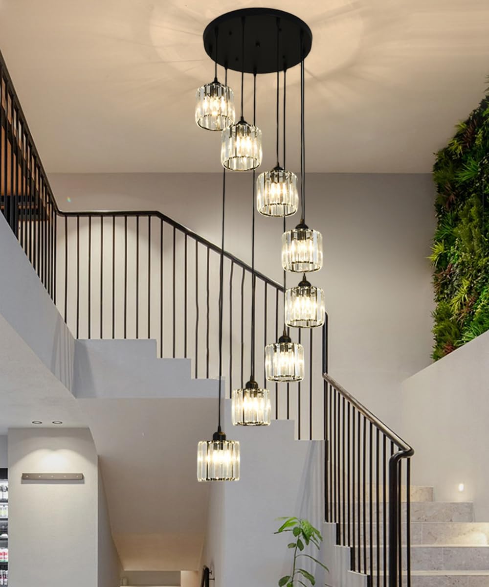 Meimond Long Chandeliers For High Ceilings,Modern Crystal Pendant Light,Raindrop Drop Lamp,Hanging Flush Mount Lighting Fixtures For Spiral Staircase,Foyer,Entryway,Living Room,Black (8 Lights)
