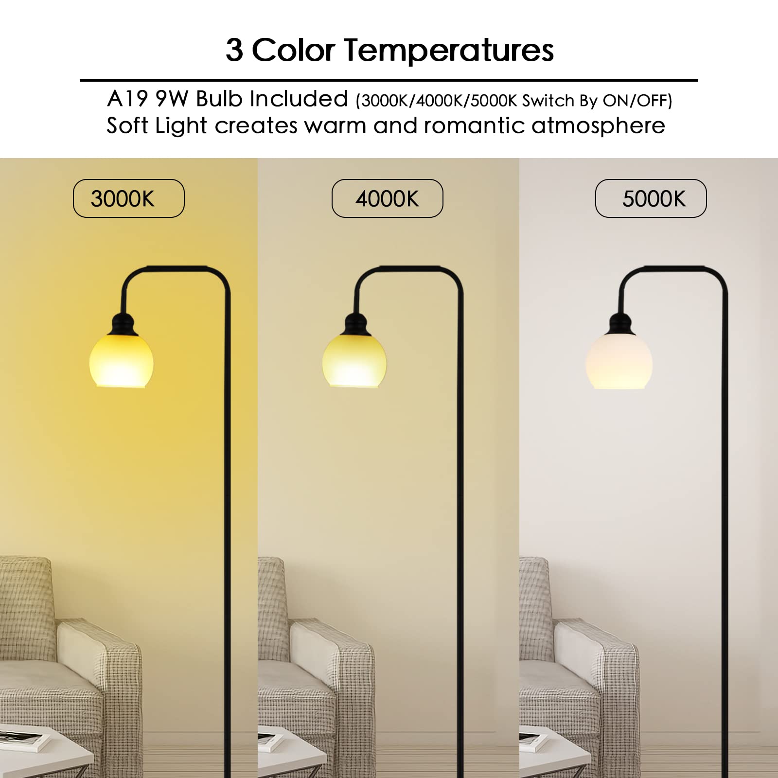 Modern Floor Lamp For Living Room With 3 Color Temperatures Led Bulb, Industrial Floor Lamps, Black Classic Reading Tall Lamp Fo