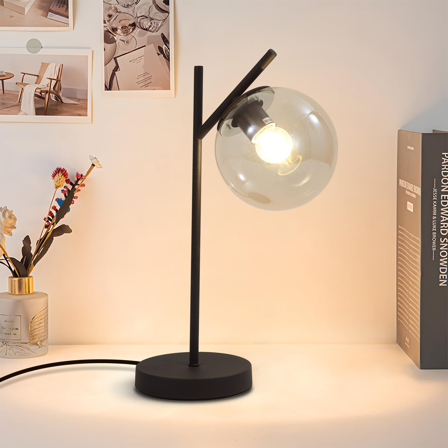 Fulesi Mid Century Table Lamp Vintage Bedroom Desk Lamp Black Nightstand Table Lamp Contemporary Clear Glass Globe Table Lamp fo