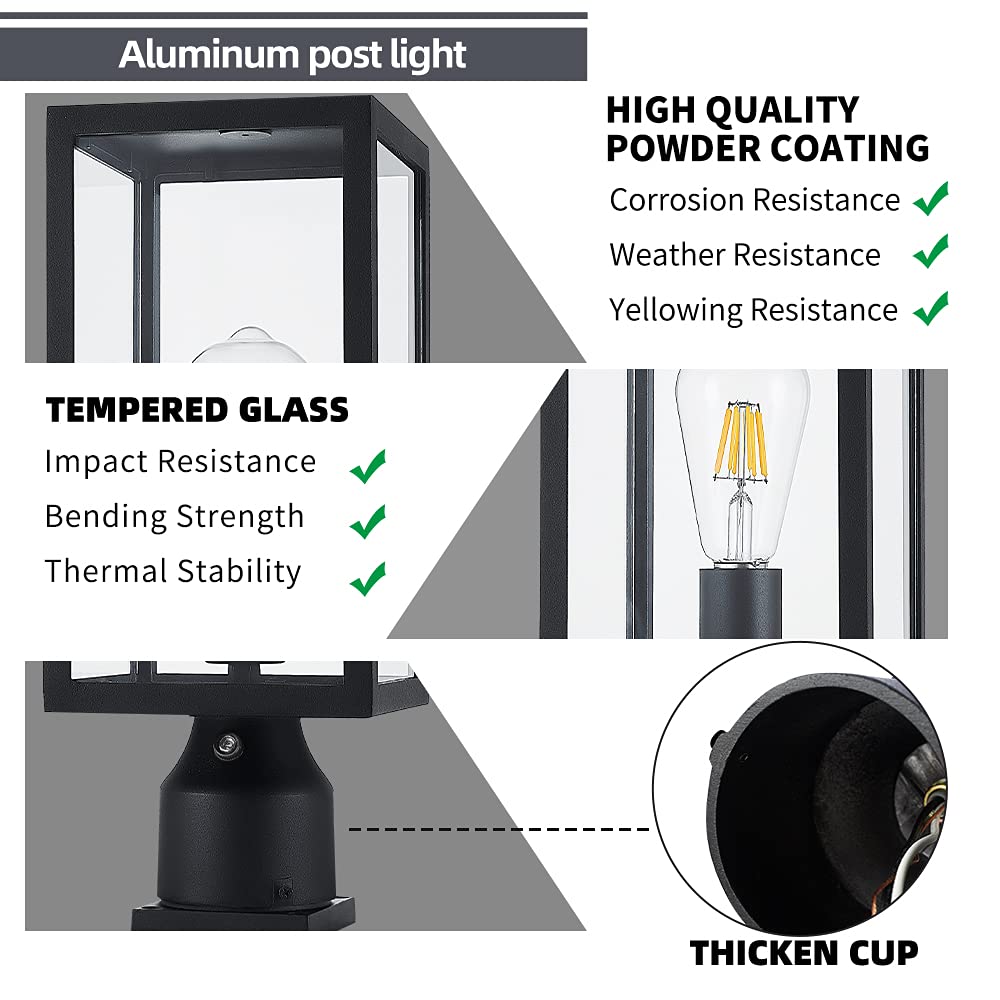 Windben Dusk To Dawn Outdoor Post Light Fixture, Matte Black Aluminum Lantern For Gardens & Yards