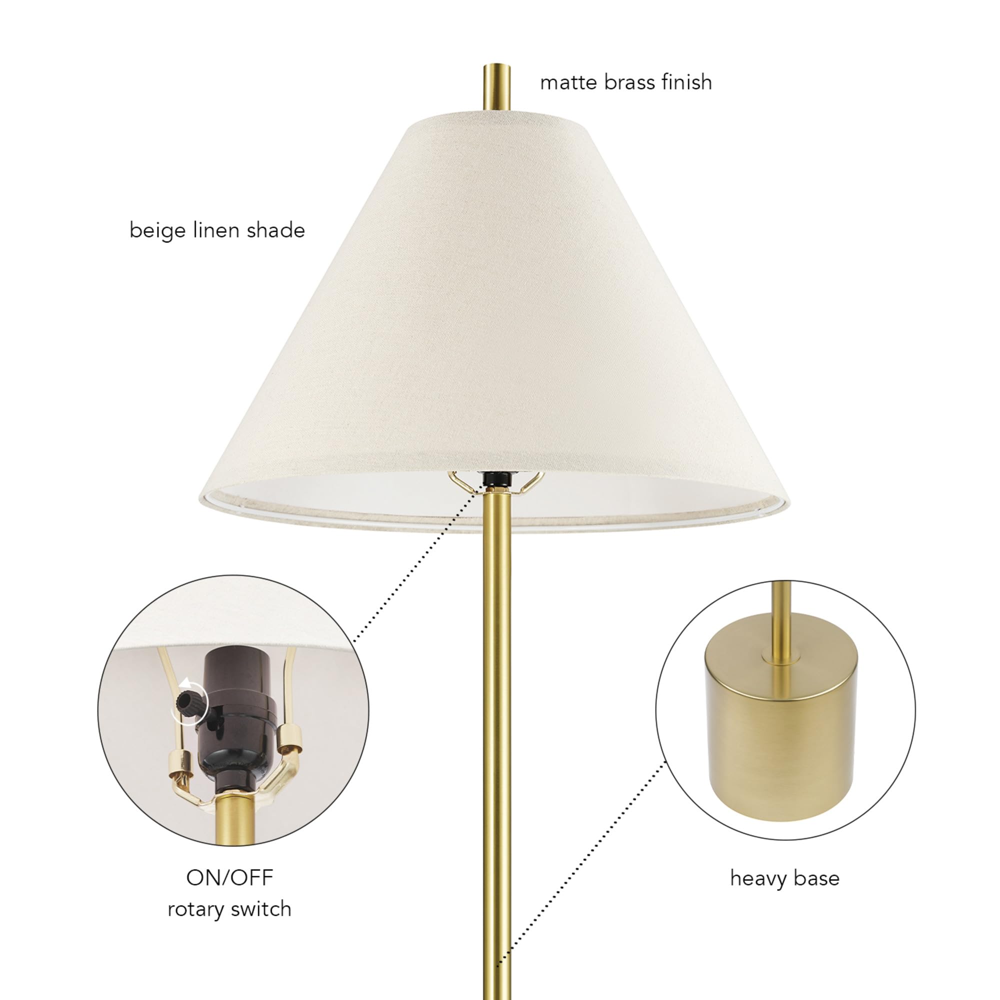 Globe Electric 61000060 60'' Floor Lamp, Matte Brass Finish, Beige Linen Shade, Heavy Weighted Base, On/Off Rotary Switch On Soc