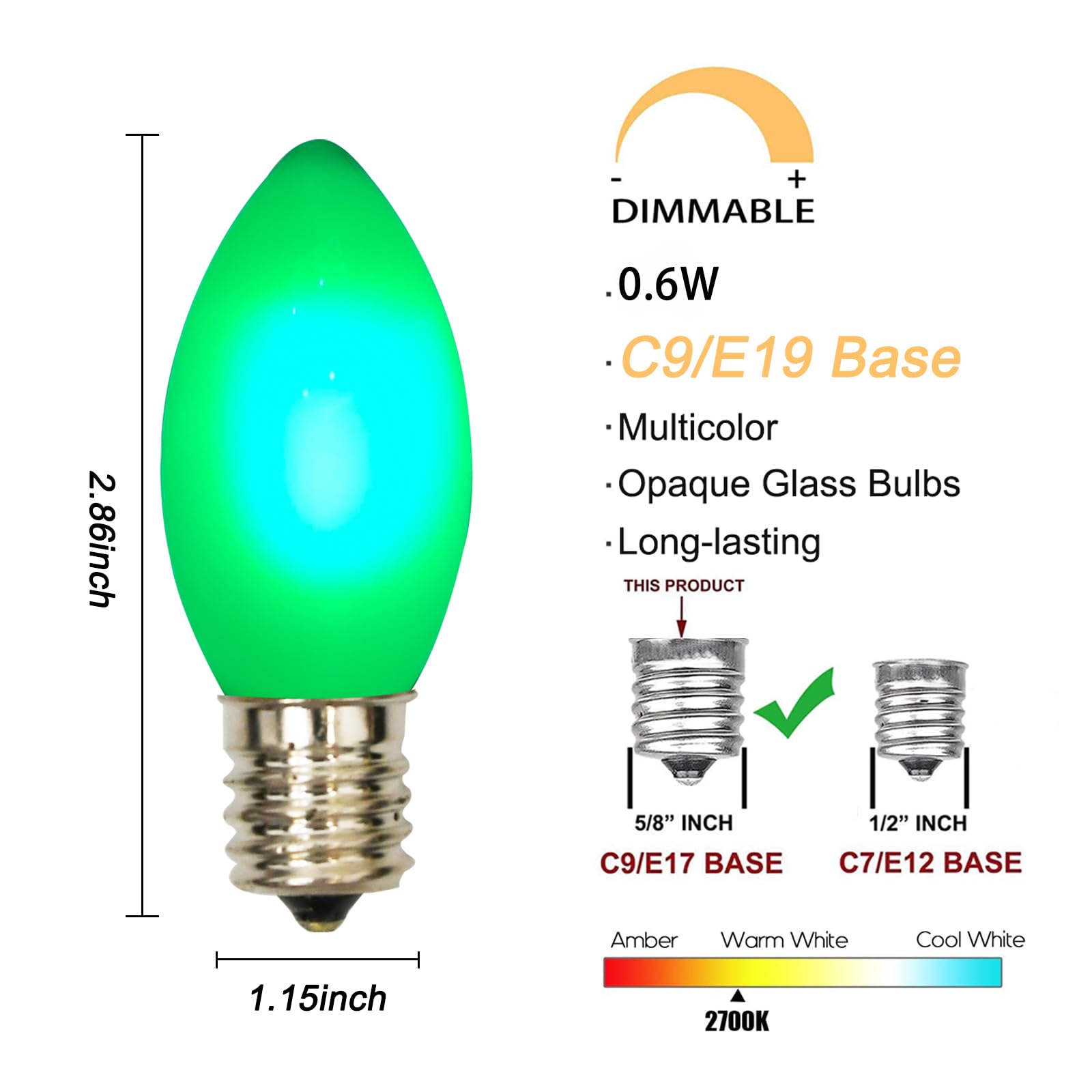 25 Pack C9 Led Green Christmas Light Bulbs, Shatterproof C9 Replacement Bulbs For Outdoor Christmas String Lights, 0.6W Led Nigh