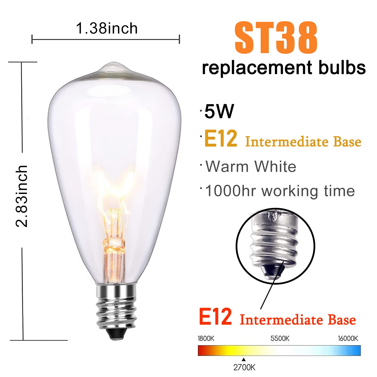 Konictom 7W Edison Replacement Light Bulbs, Clear Glass C7/E12 String Lights, 10 Pack