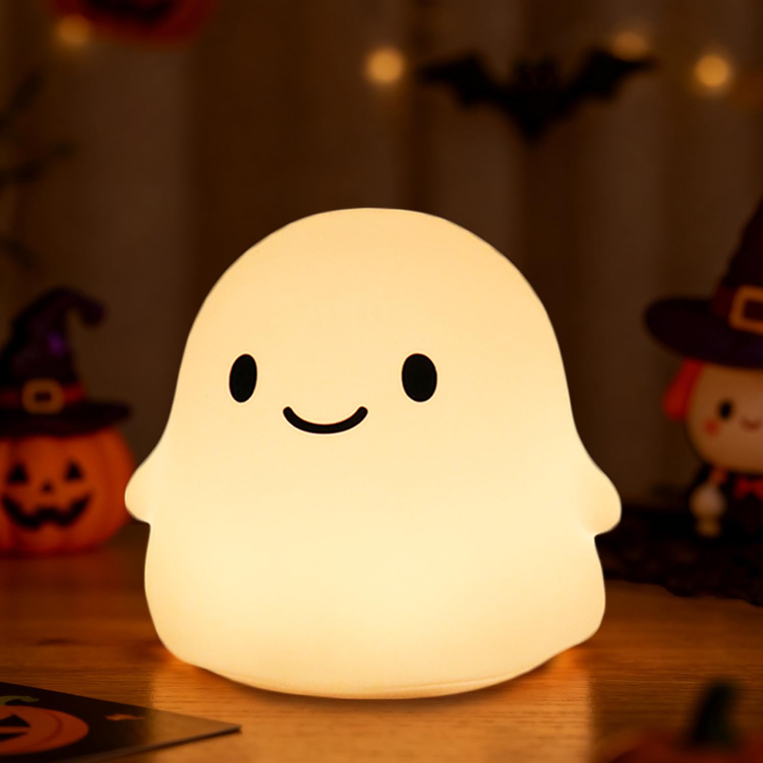 Daixinde Ghost Night Light for Kids, Squishy Silicone Lamp - 50H Low/12H High, 2 Brightness, Tap-Control, USB Rechargeable, for 