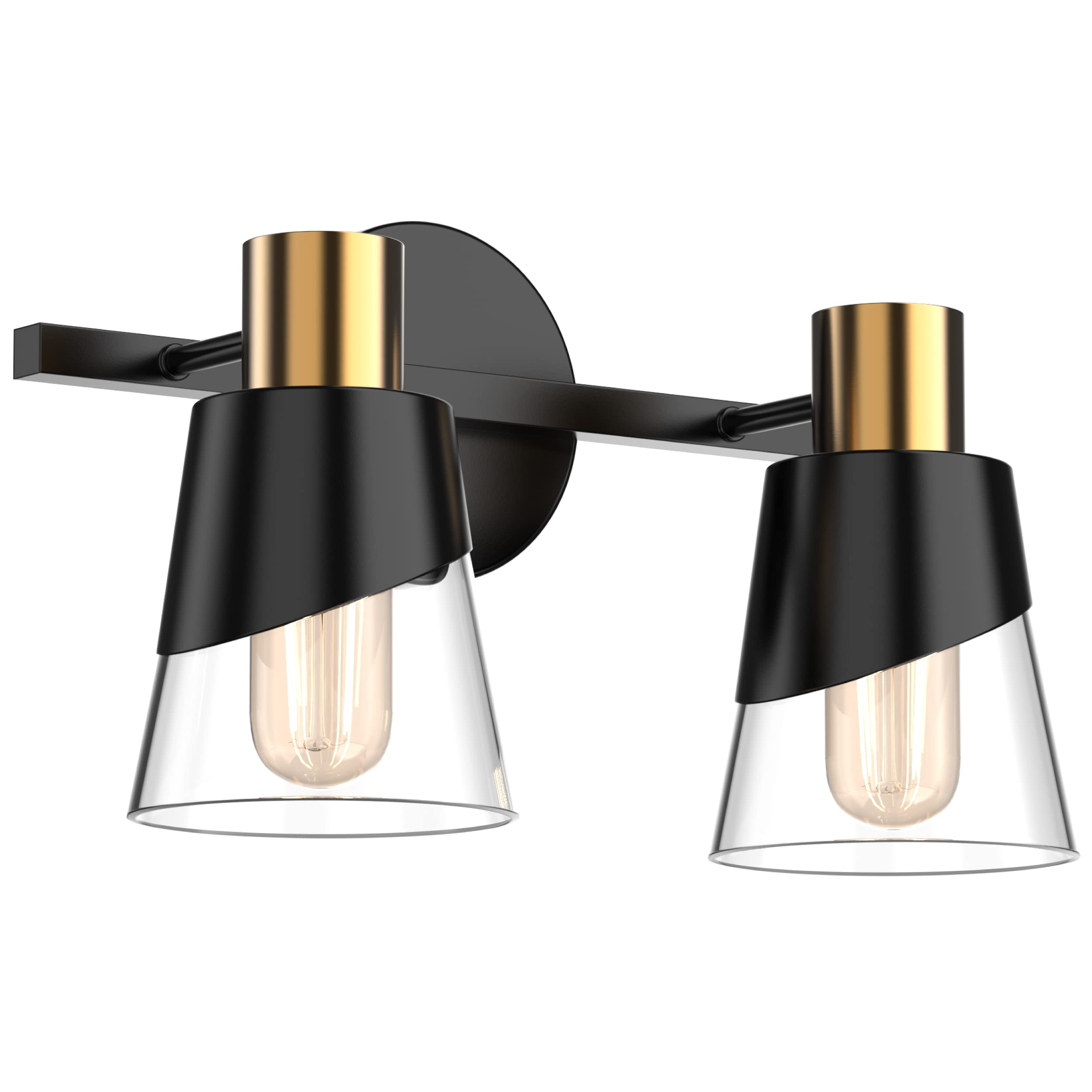 Ursola Bathroom Lighting Fixtures Over Mirror, 2 Lights Bathroom Vanity Light, 13 Inchbathroom Light Fixtures, Black And Gold Design With Bevelled Edge And Clear Glass Shade Wall Lamp