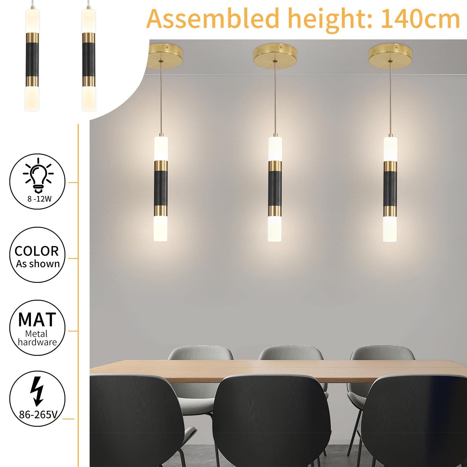 Daoseolo Modern Kitchen Island Pendant Light - Black Gold LED, 3 Color Options, Mini Linear Acrylic, 1 Pack, Model TC-HJSTDD-1pcs