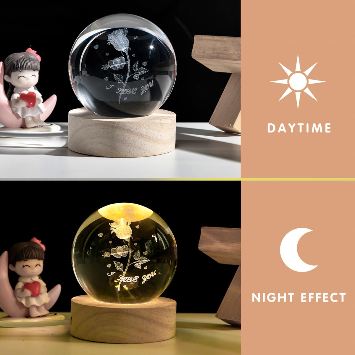 Qianchang 3D Rose Crystal Ball Night Light, I Love You Decor Figurine Lamp, Engraved Rose In Glass Ball Gifts For Mom Mother Gir