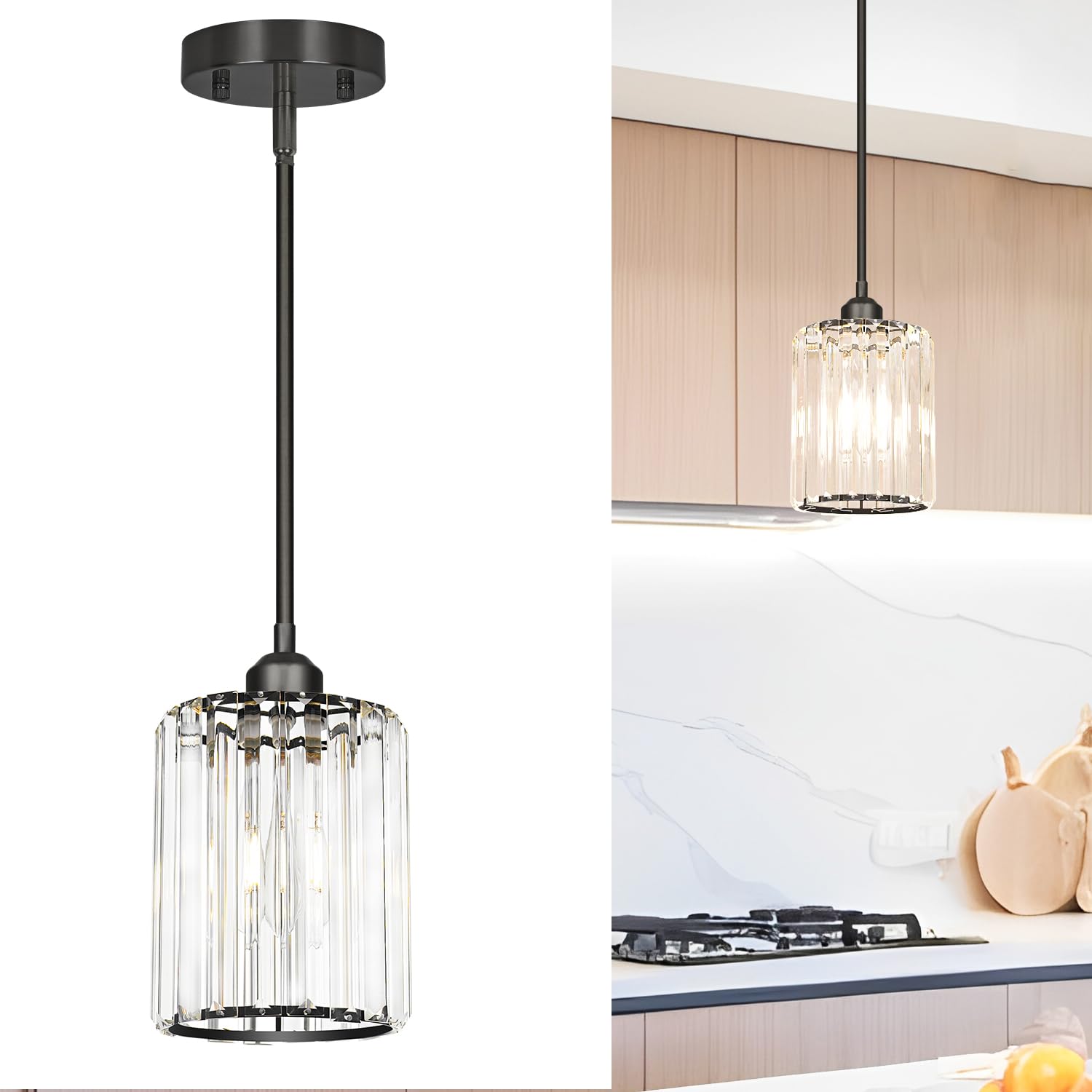Black Kitchen Pendant Lights Over Island With Adjustable Rods - Crystal Pendant Lighting Fixtures For Sloped Ceiling  Ideal Over Dining Table Or Bar  E26 Bulb Compatible  No Electrician Needed
