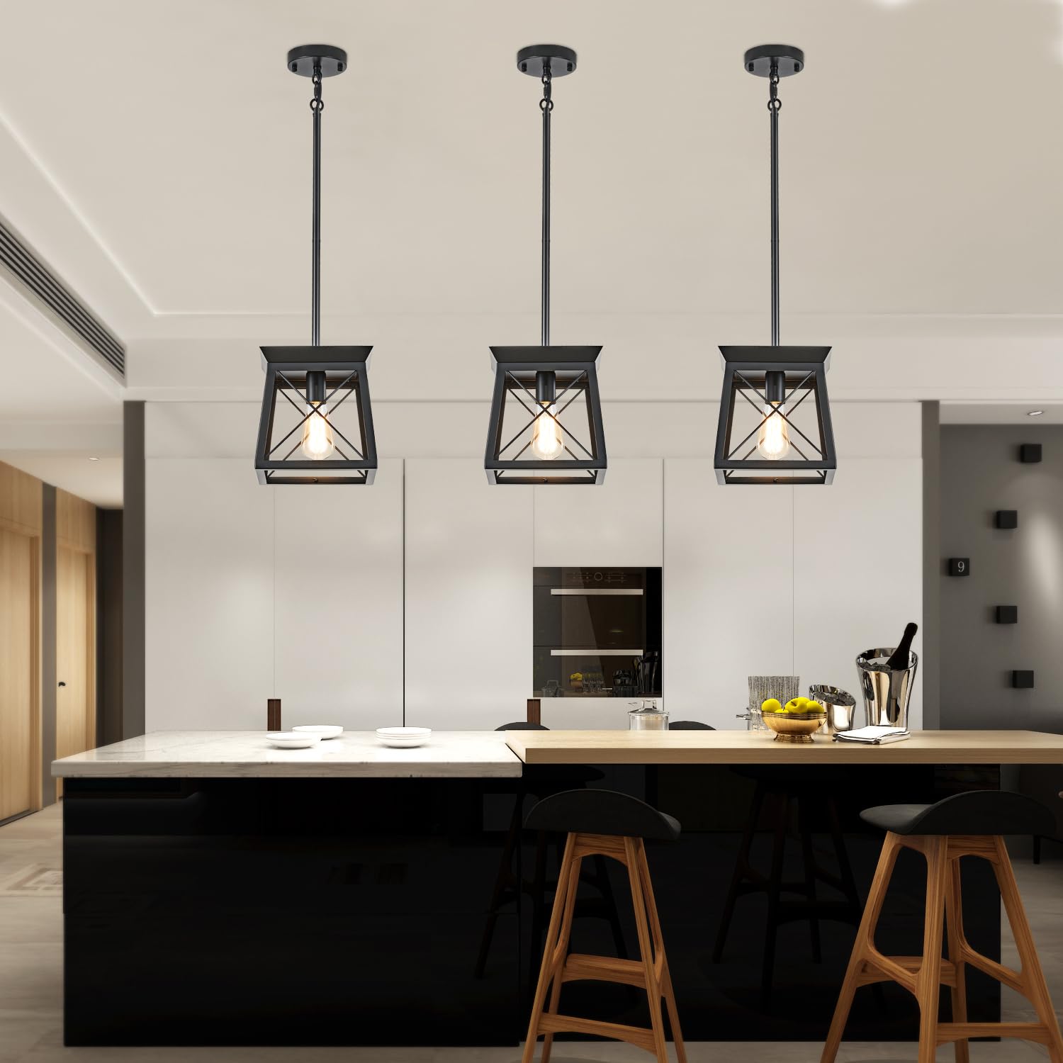 Huixute Black Farmhouse Pendant Lights, Industrial Kitchen Island Lighting, Rectangle Linear Cage Chandeliers For Kitchen, Dinin