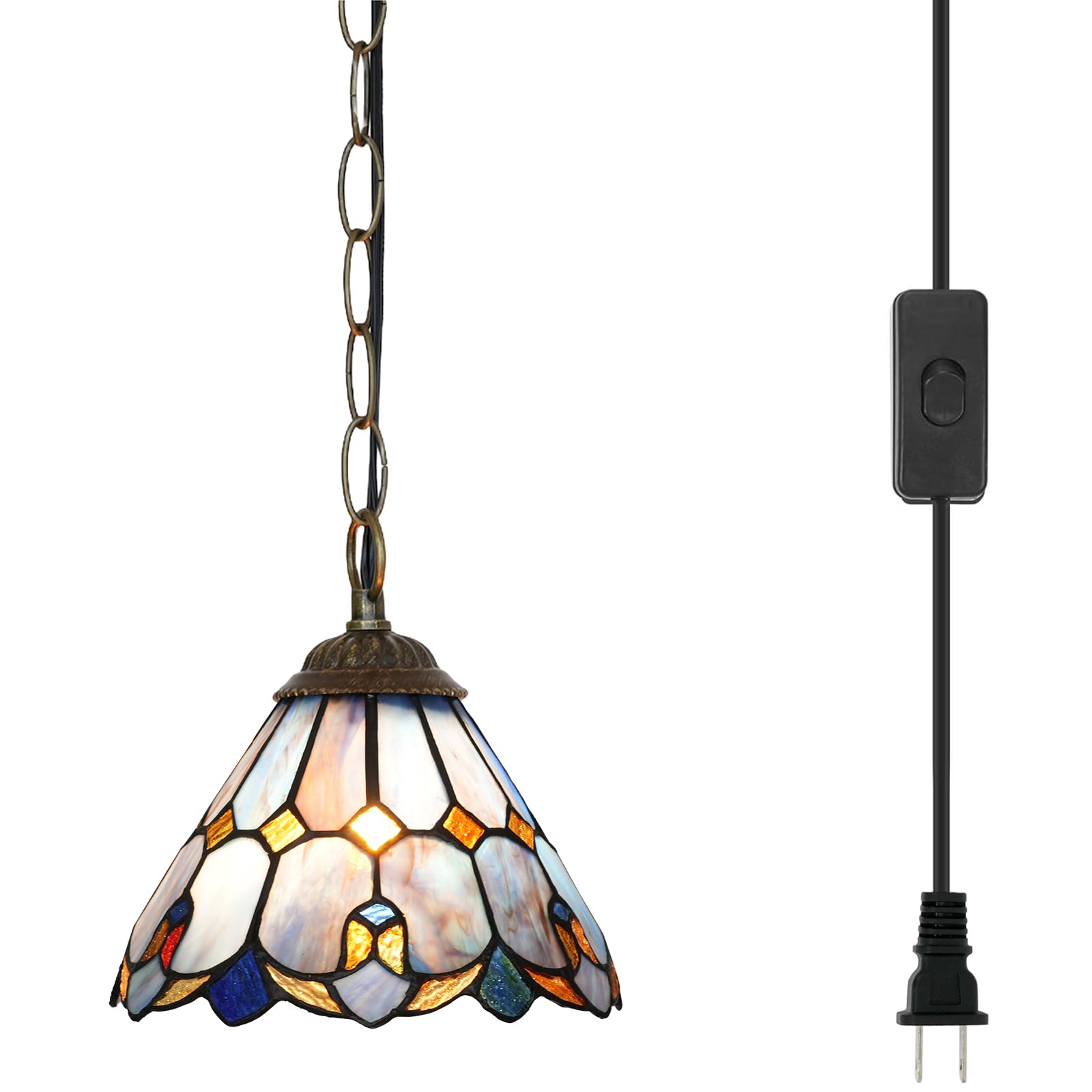 Blivuself Tiffany Pendant Hanging Light Plug in Light Fixture Vintage Purple Stained Glass Hanging Lamp for Home Decor Dining Li