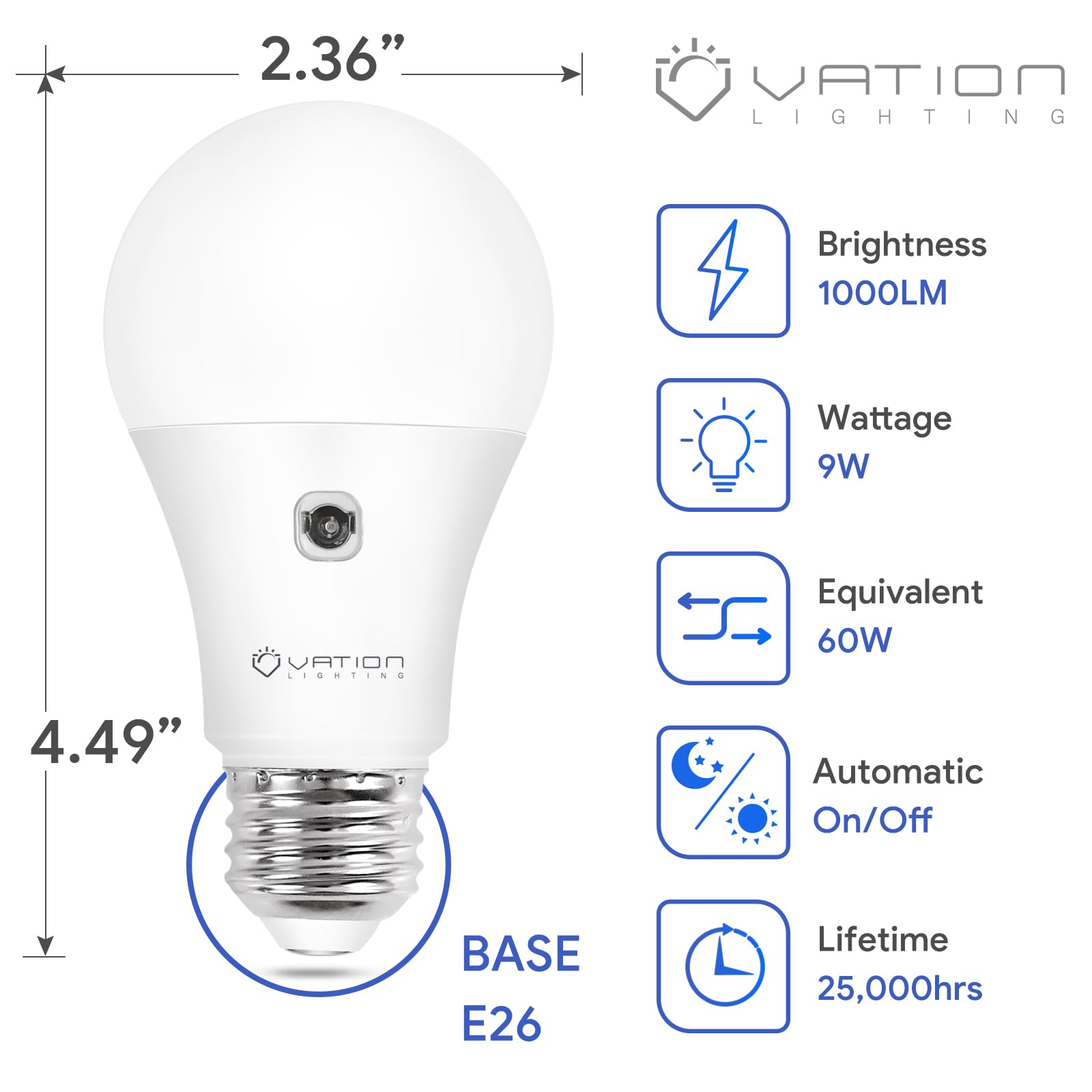 A19 Dusk To Dawn Sensor Led Light Bulbs Outdoor, Daylight 5000K, Energy Efficient 9W(60 Watt Equivalent), E26 Standard Base, Aut