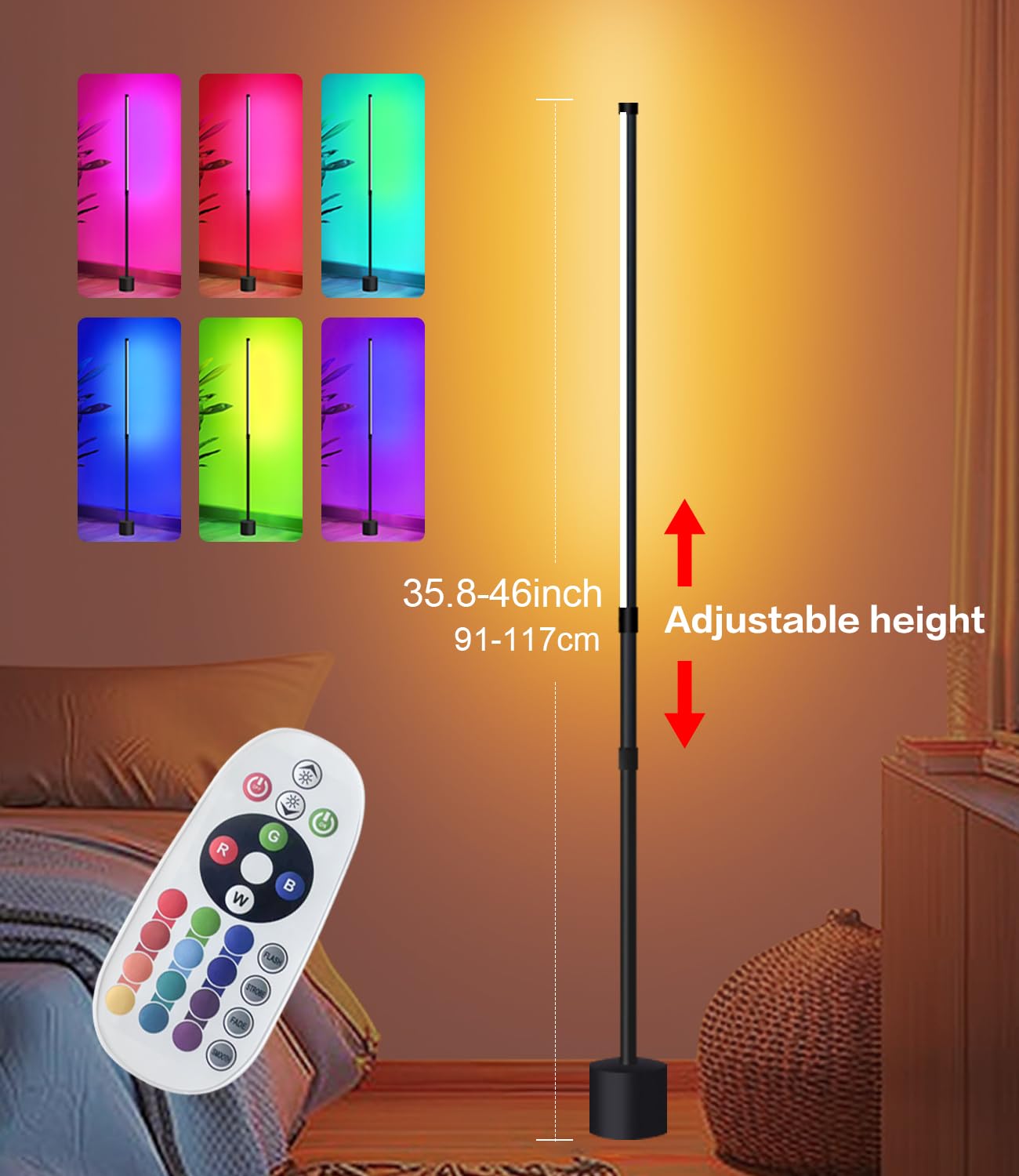 Allbluee Floor Lamp - RGB LED Corner Lamp with Remote Control, Adjustable Height,Brightness & Color Temperature Control, Ideal f