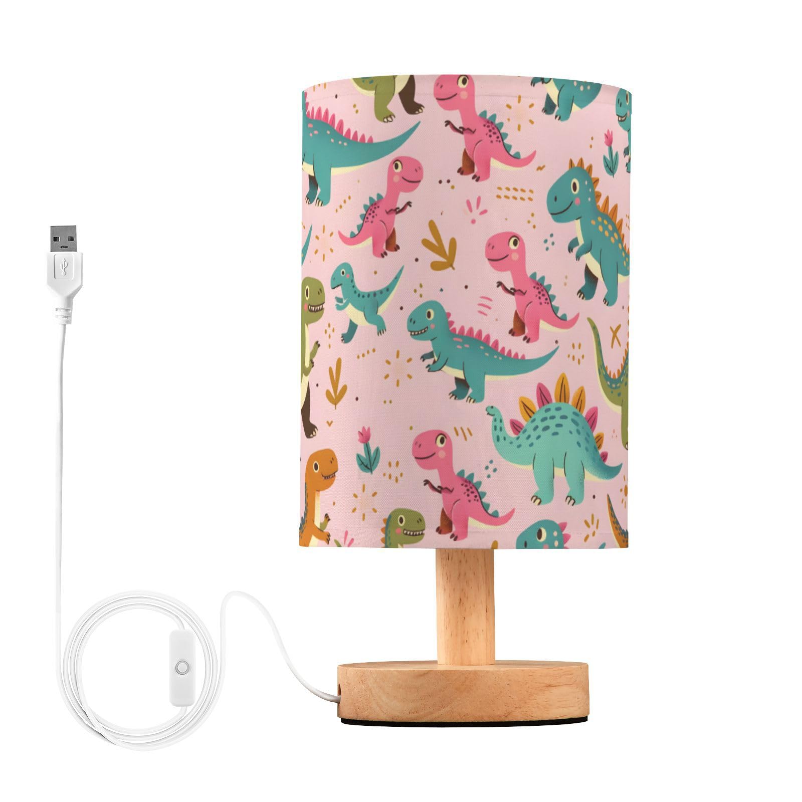 ALAZA Dinosaur on Pink Table Lamp for Bedroom USB Port Bedside Lamp Small Nightstand Desk Lamp for Girls Boys Kids Room Office L