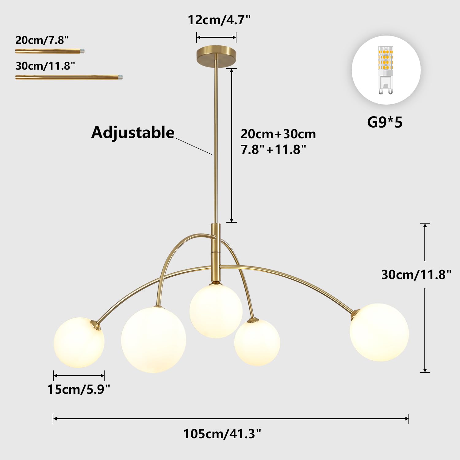 Fulesi Contemporary Gold Ceiling Light 5-Light Glass Globe Lights Mid Century Modern Sputnik Chandelier For Dining Room Kitchen