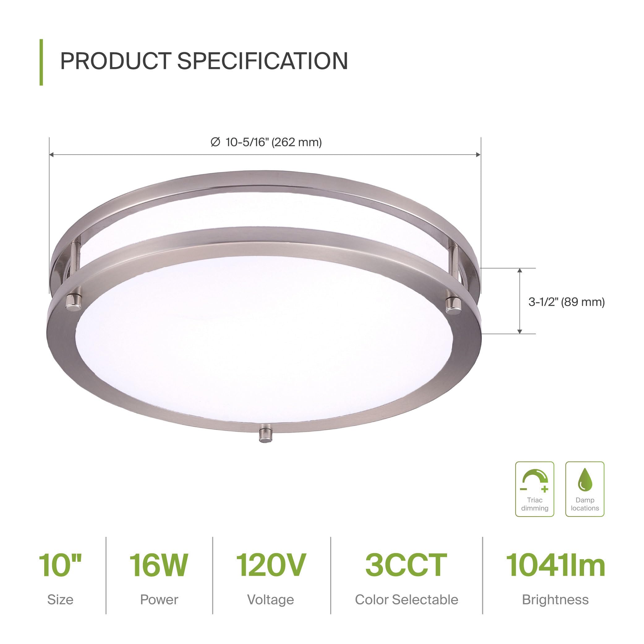 ASD LED Flush Mount Light Fixture, Dimmable 16W 1050LM, 10 Inch, Brushed Nickel, 4 Pack, Energy Star, ETL Listed, Model A-L