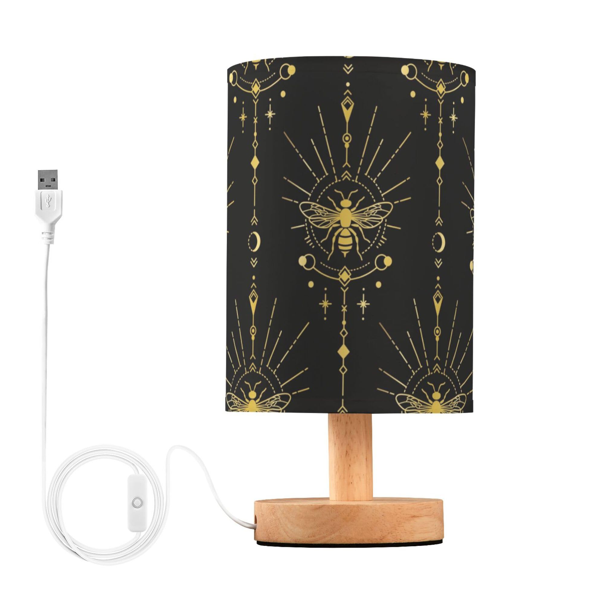 YYZZH Table Lamp Gold Geometric Bee Moon Sun Stars Vintage Mystical Print Nightstand Lamp with Wood Base Fabric Lamp Shade Bedsi